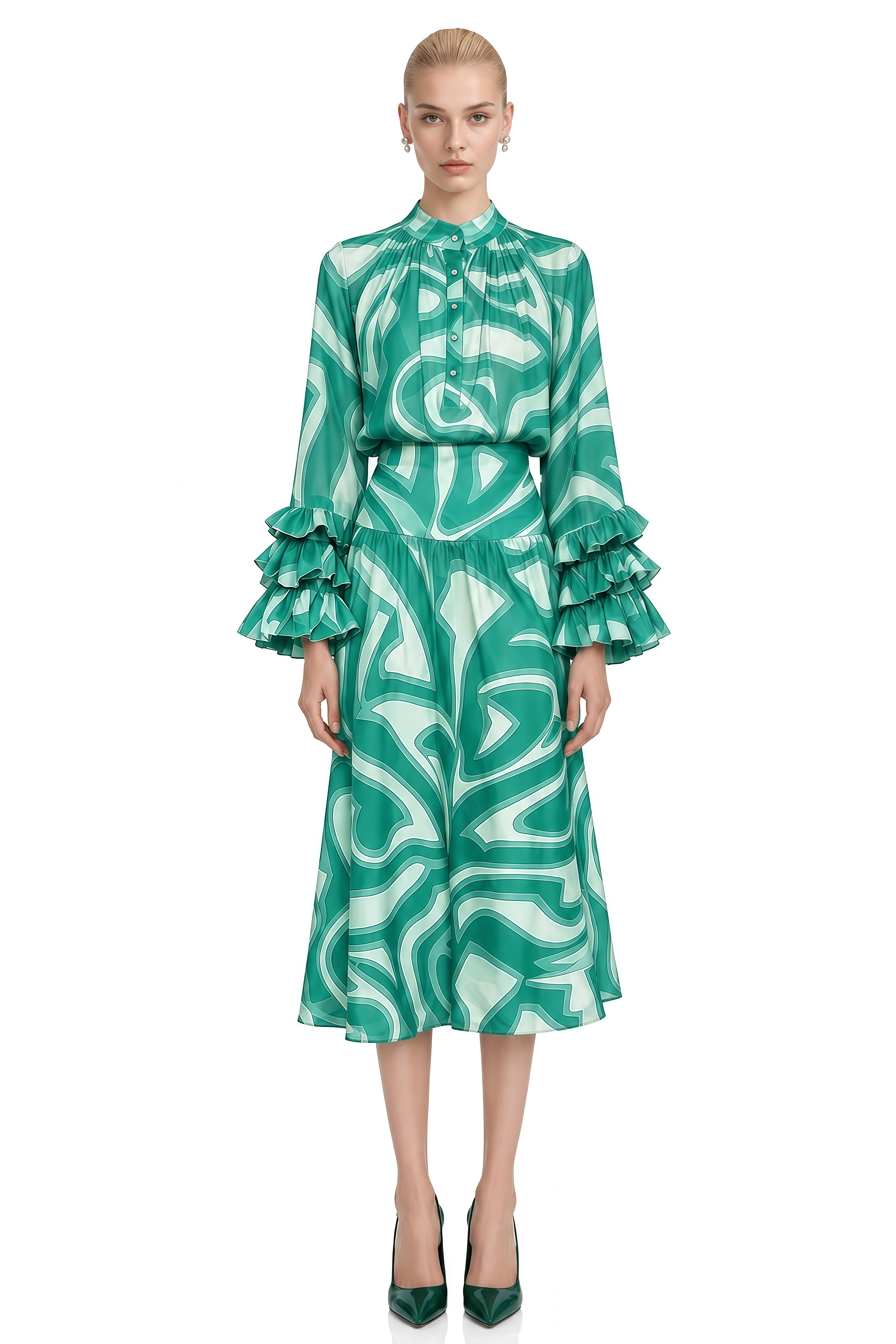 Felicity Green Abstract Print Ruffled Blouse & Skirt Set