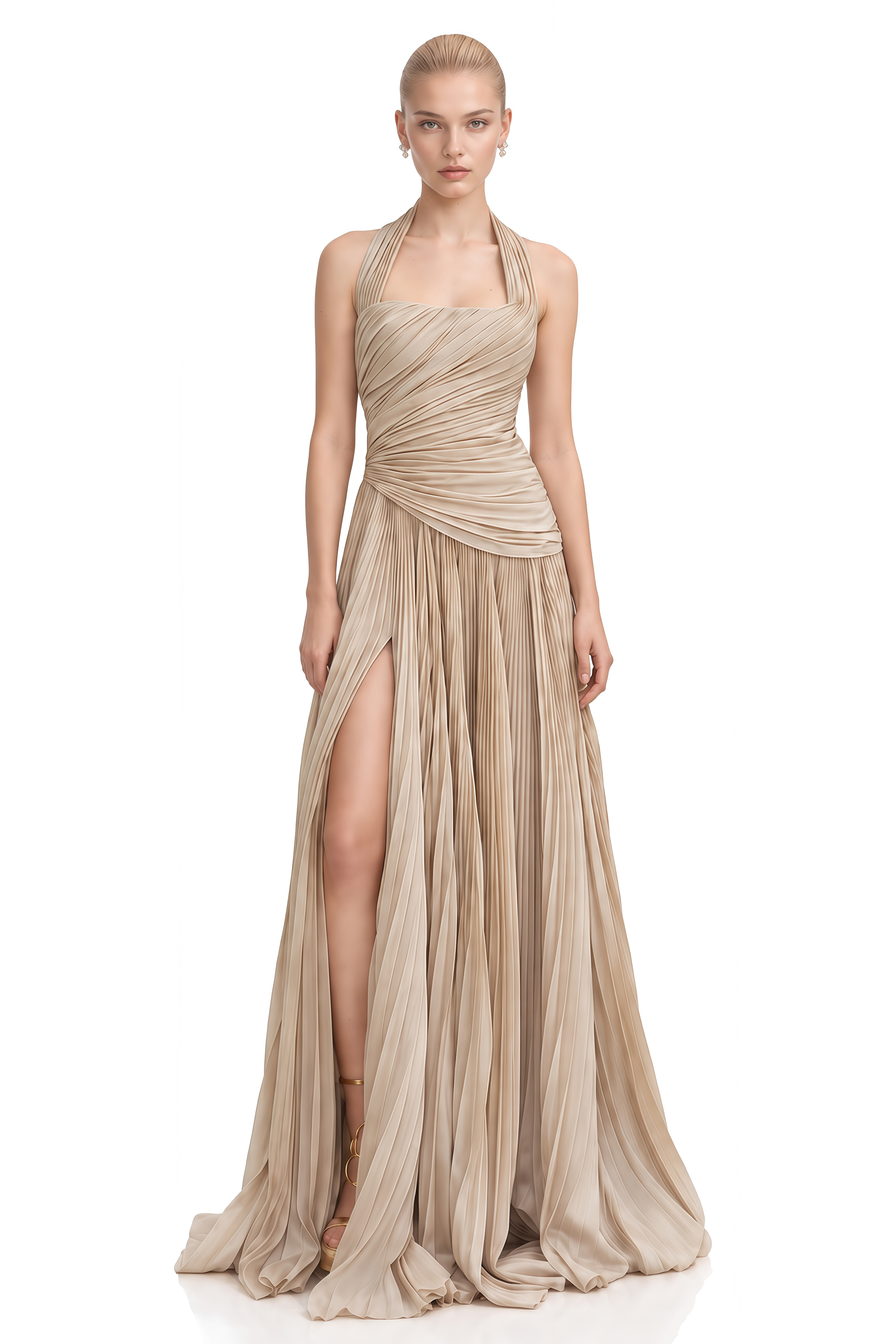Isolde Champagne Halterneck Asymmetrical Maxi Dress