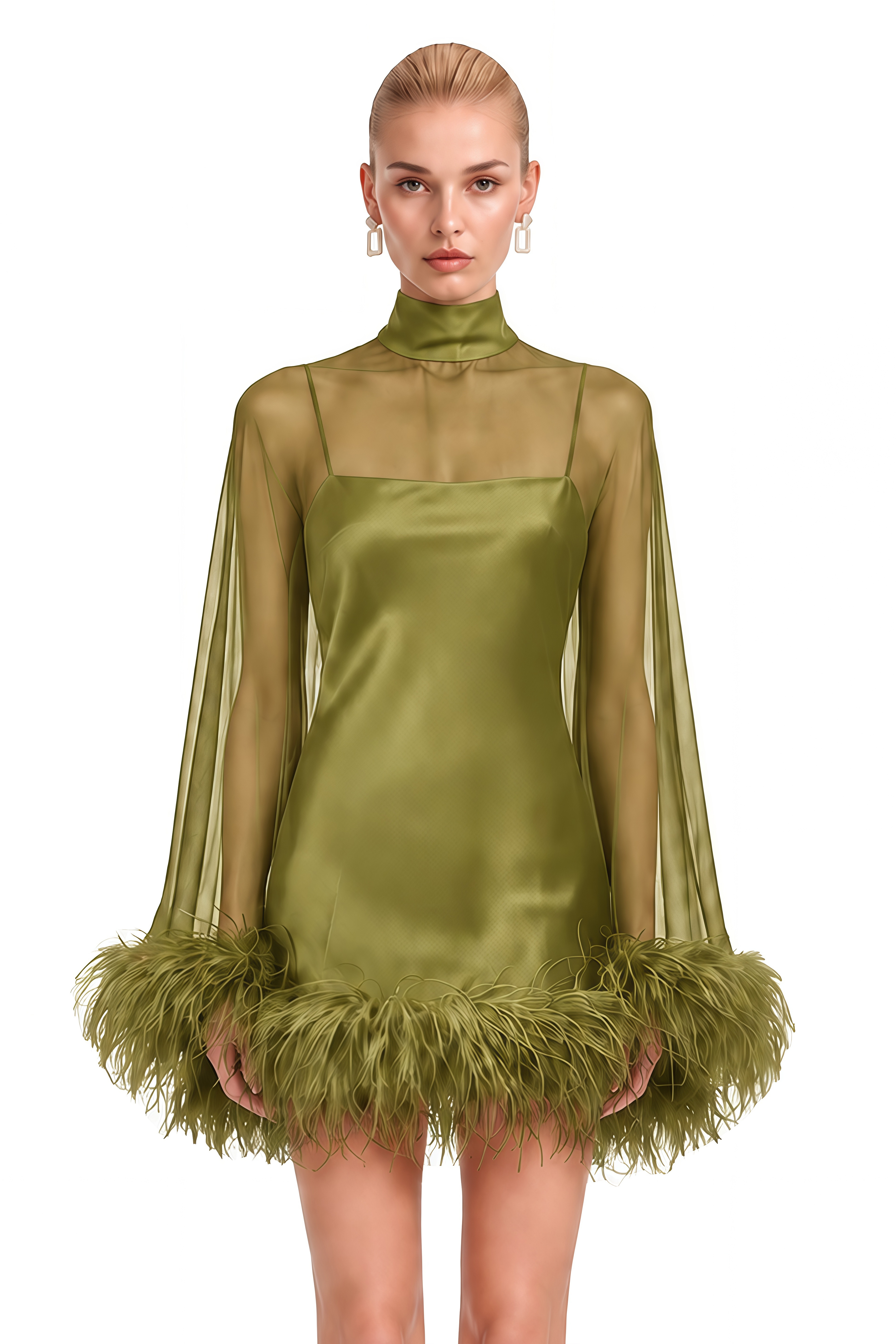 Ivy Green Turtleneck Feather-Trim Mini Dress