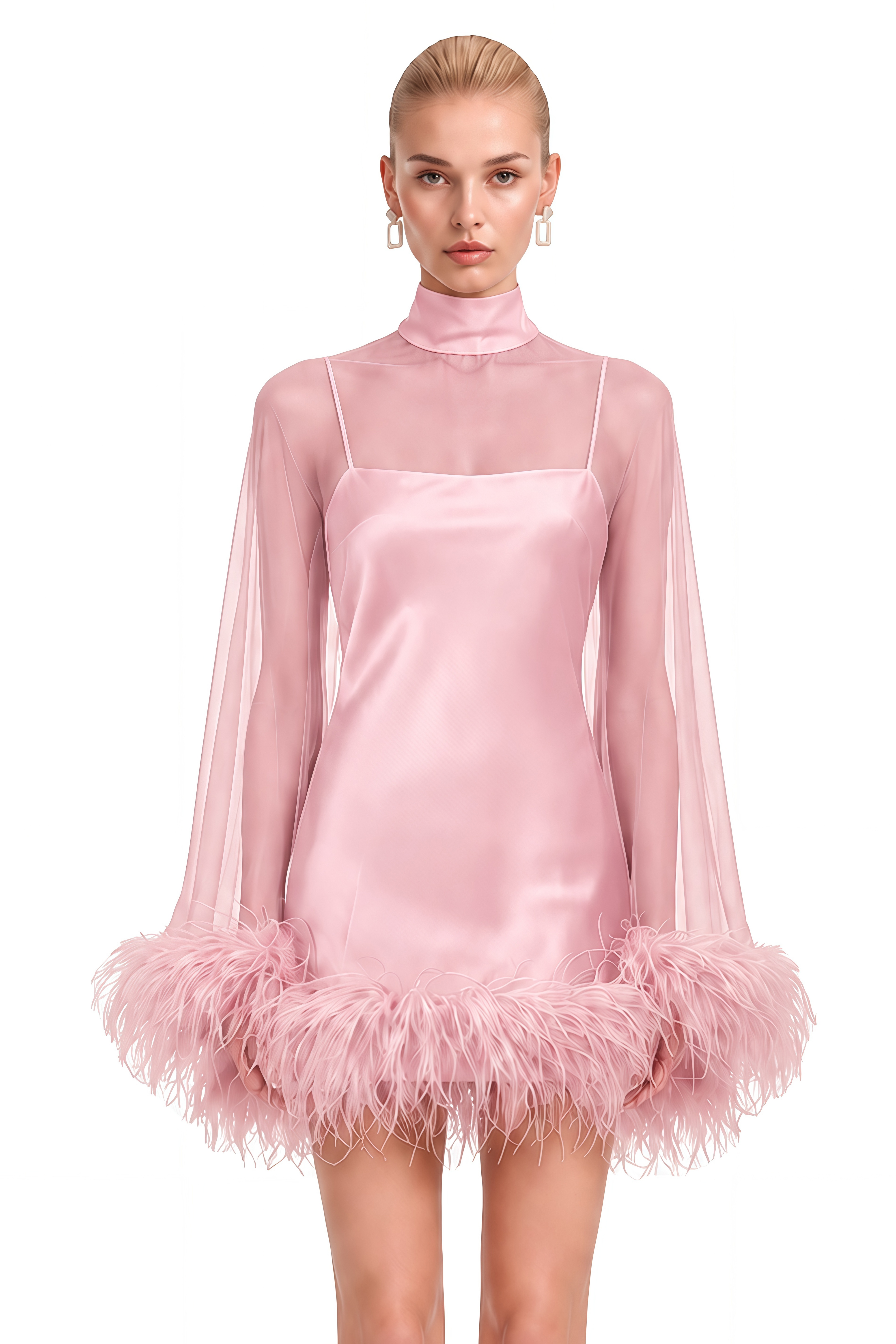 Ivy Pink Turtleneck Feather-Trim Mini Dress