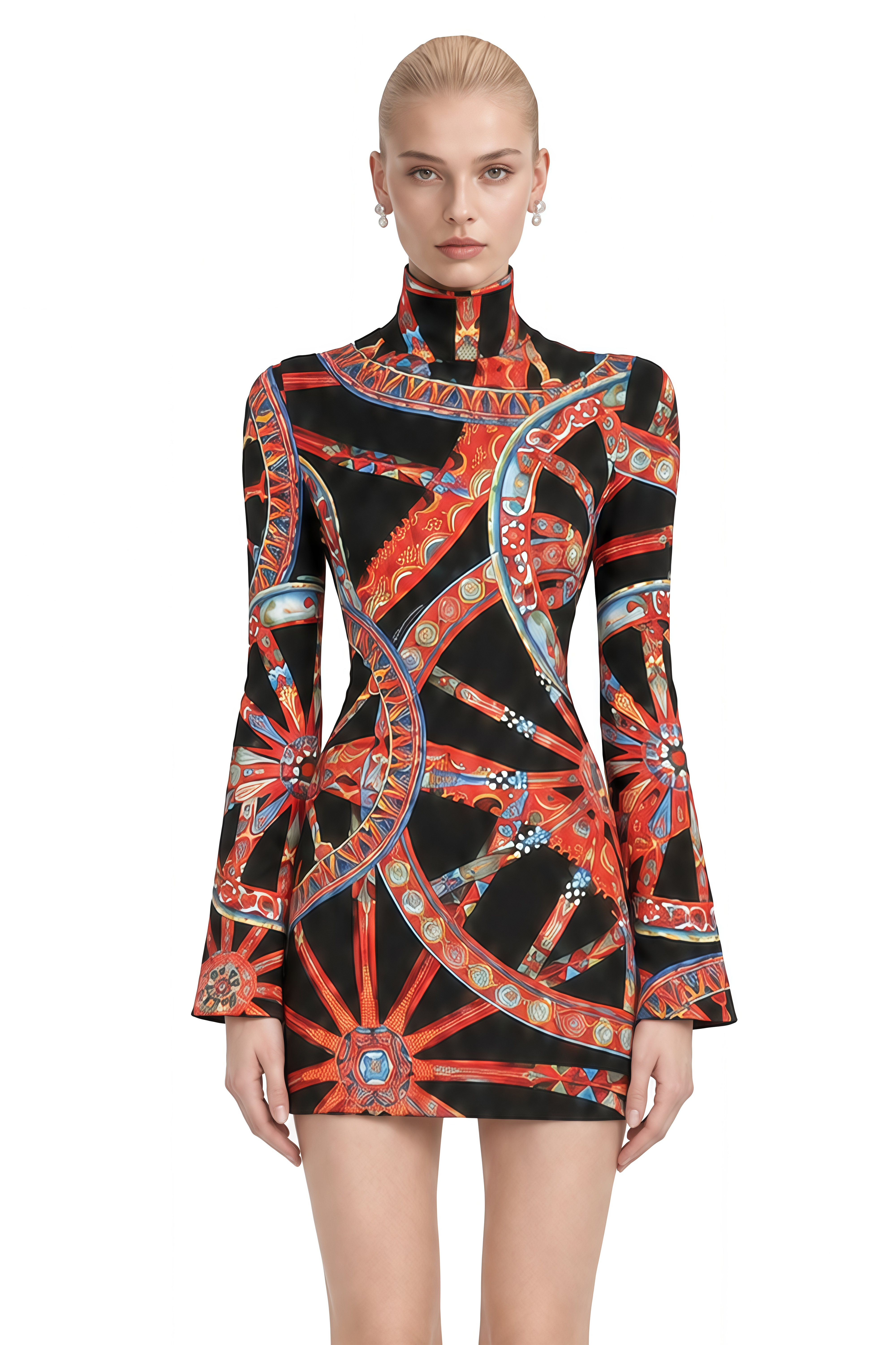 Lavinia Black Turtleneck Abstract Print Mini Dress