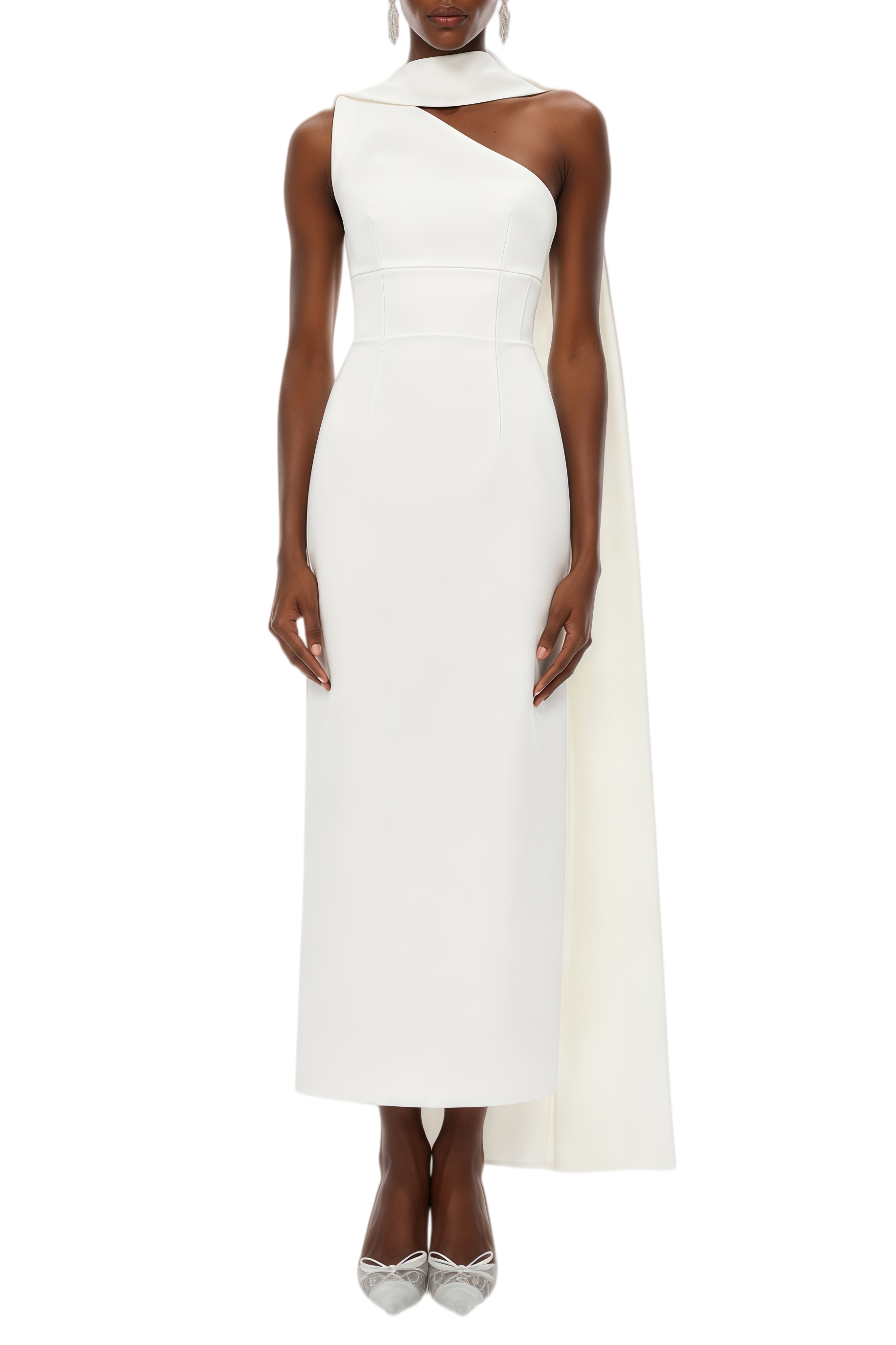 Leticia White Scarf Neck Midi Dress