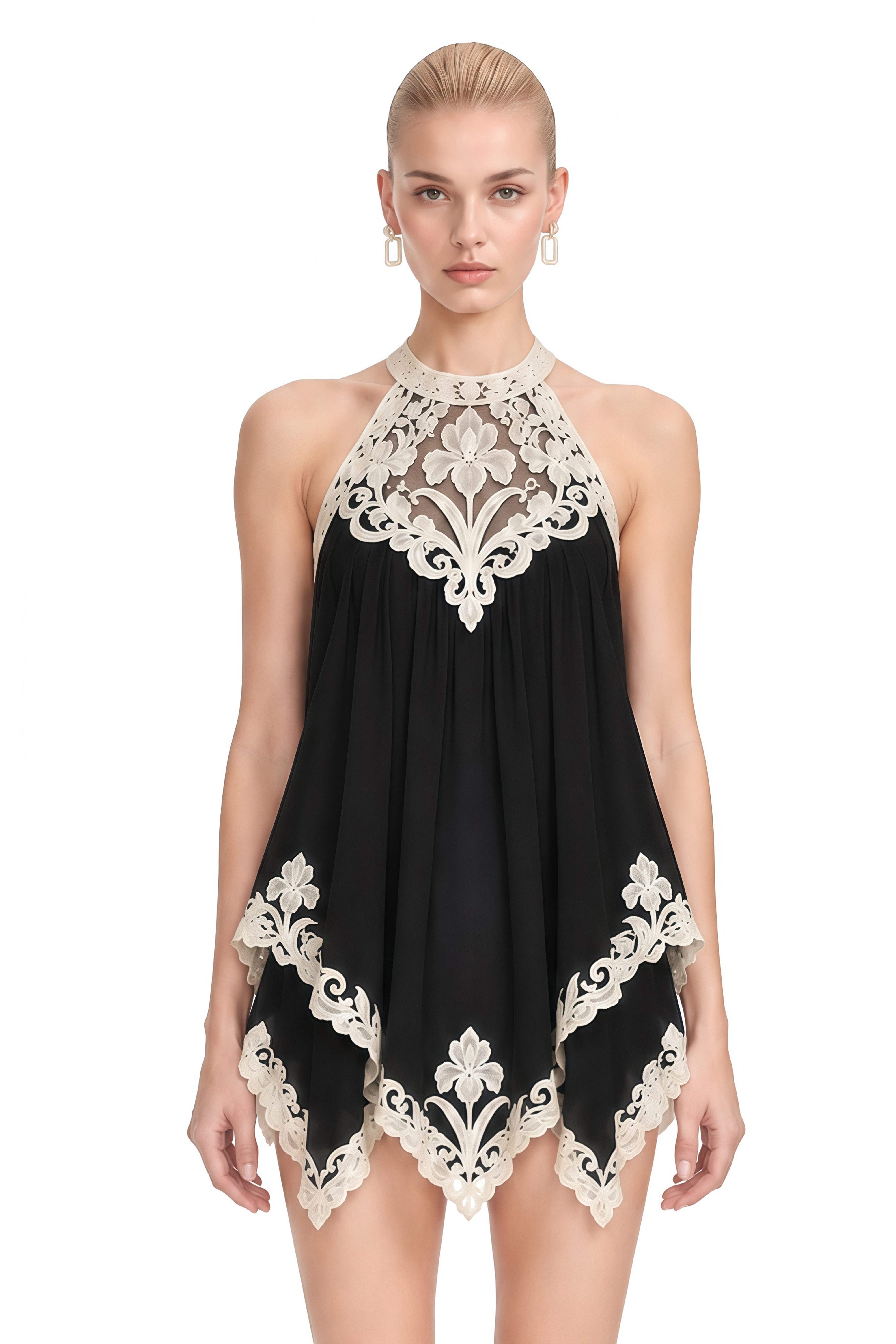 Liora Black Halterneck Contrast Lace Mini Dress
