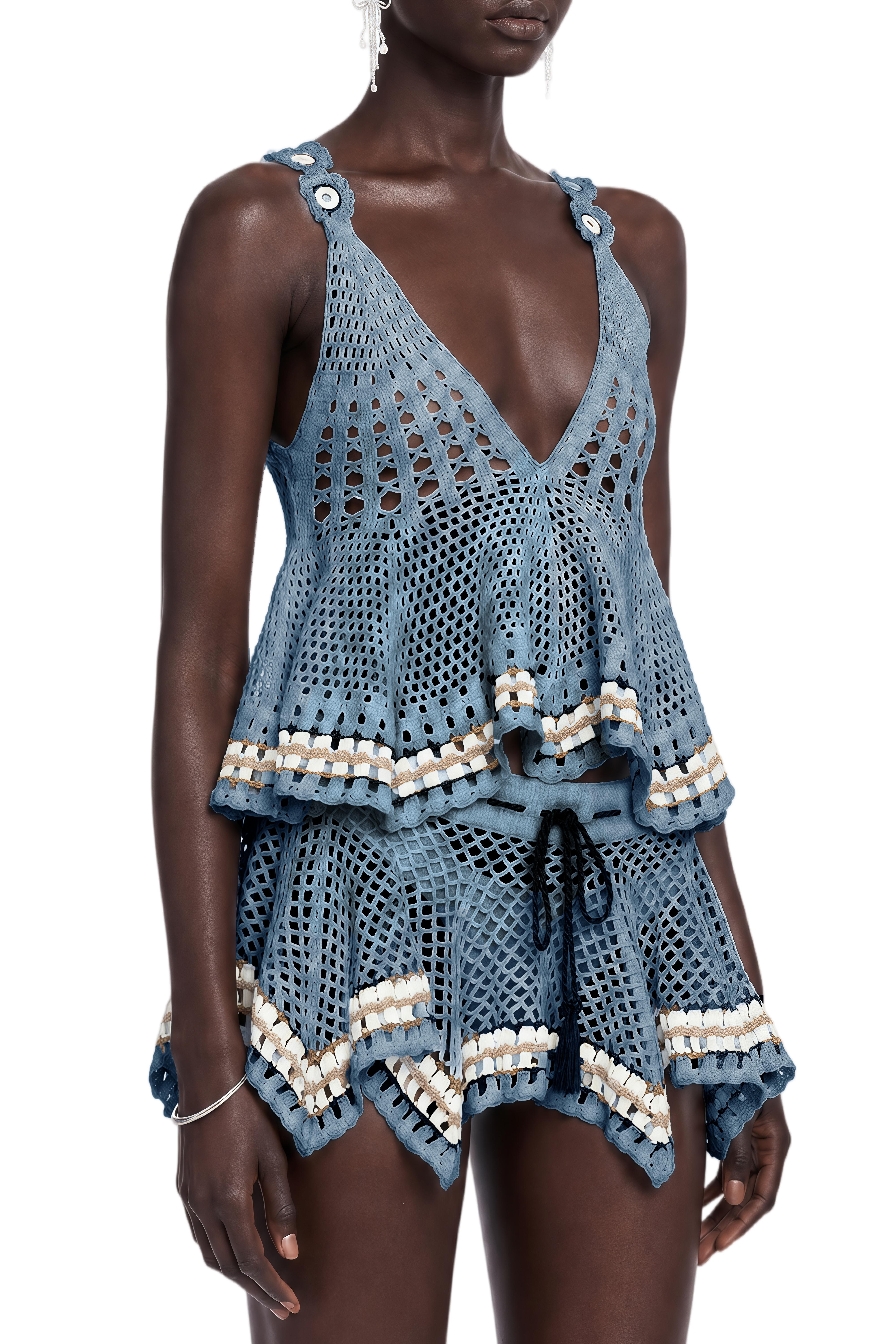 Mireille Blue Sleeveless Halterneck Top & Skirt Set