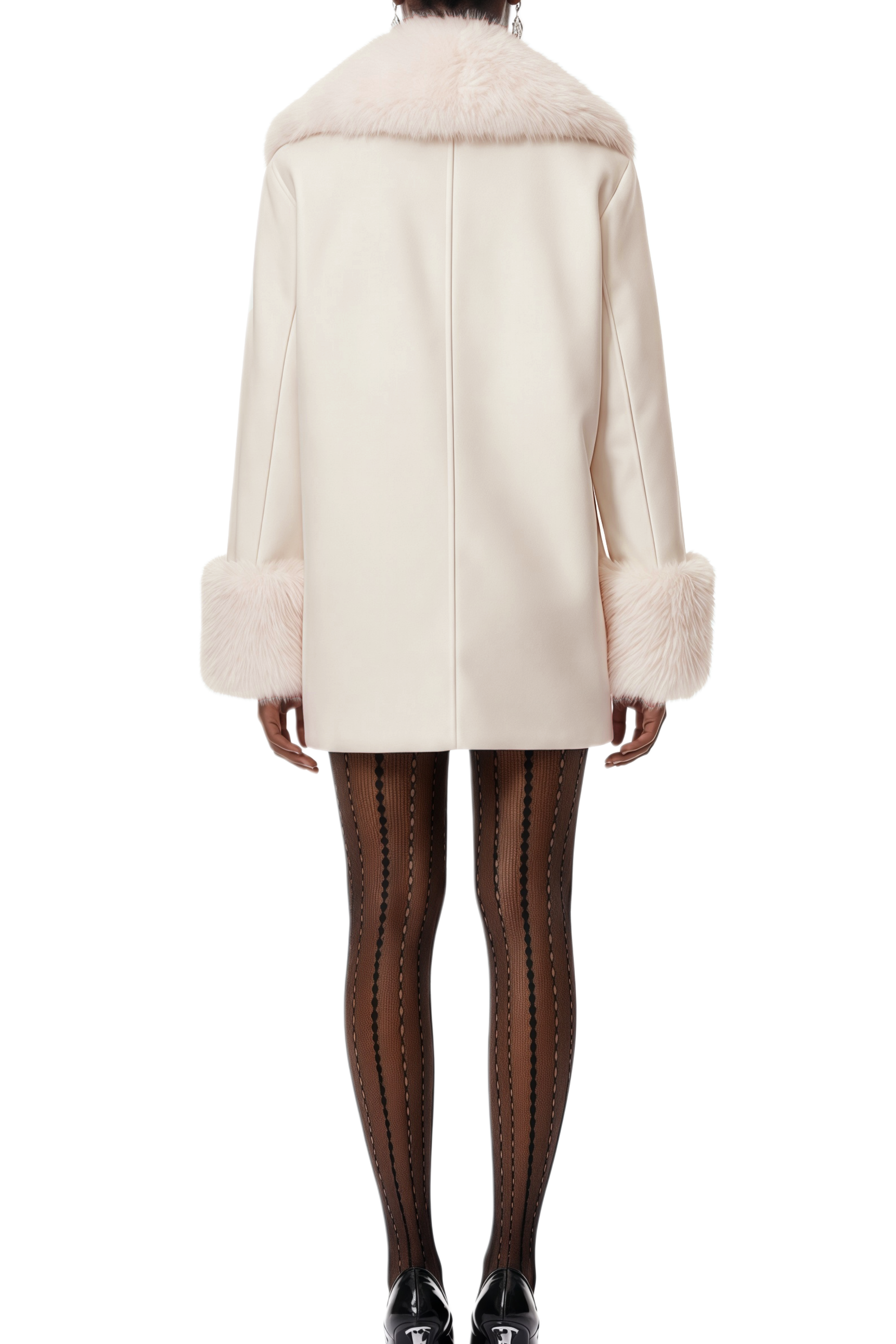 Prima White Woolen Fur Trim Coat