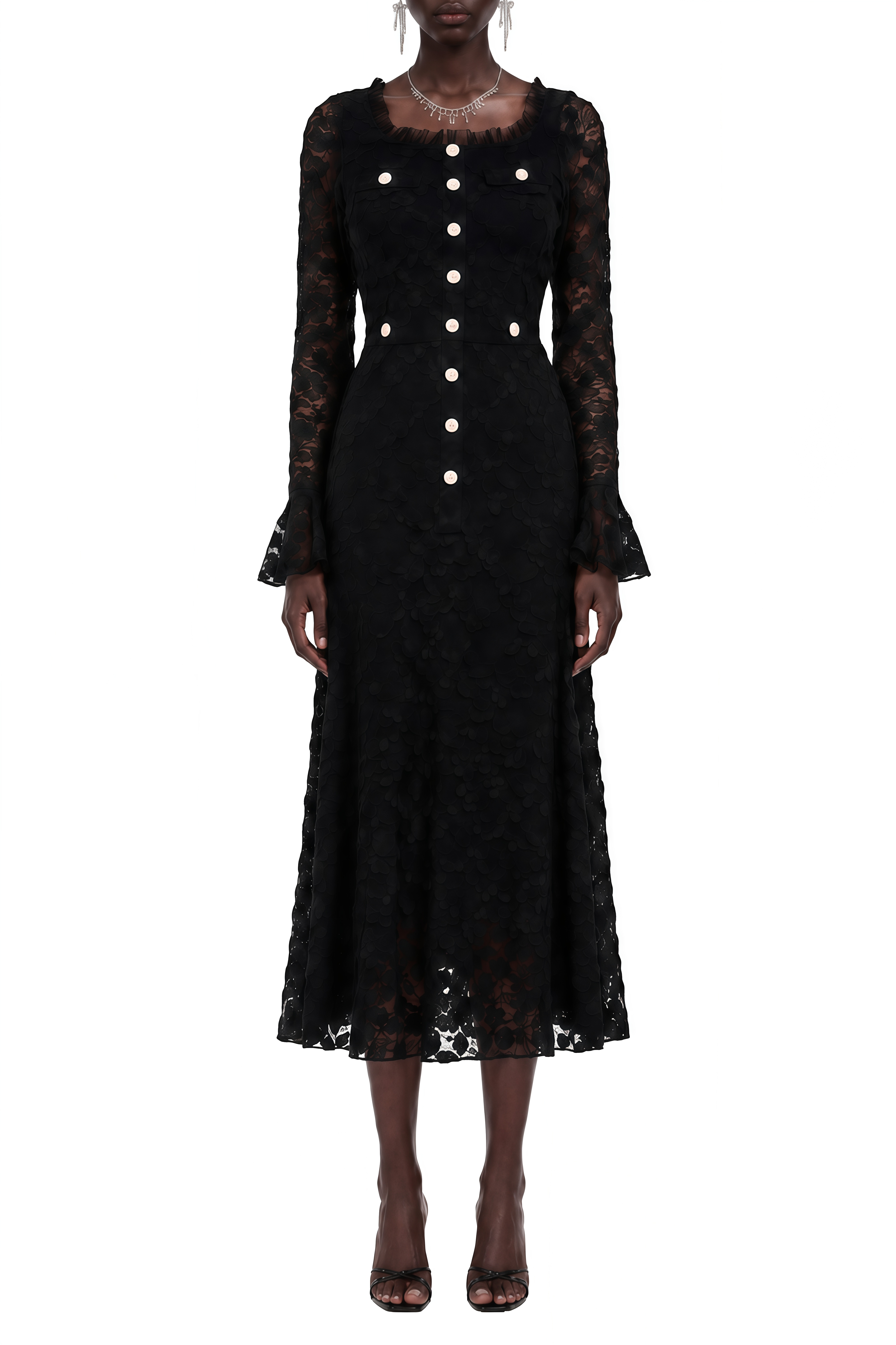 Renee Black Floral Lace Ruffled Midi Dress