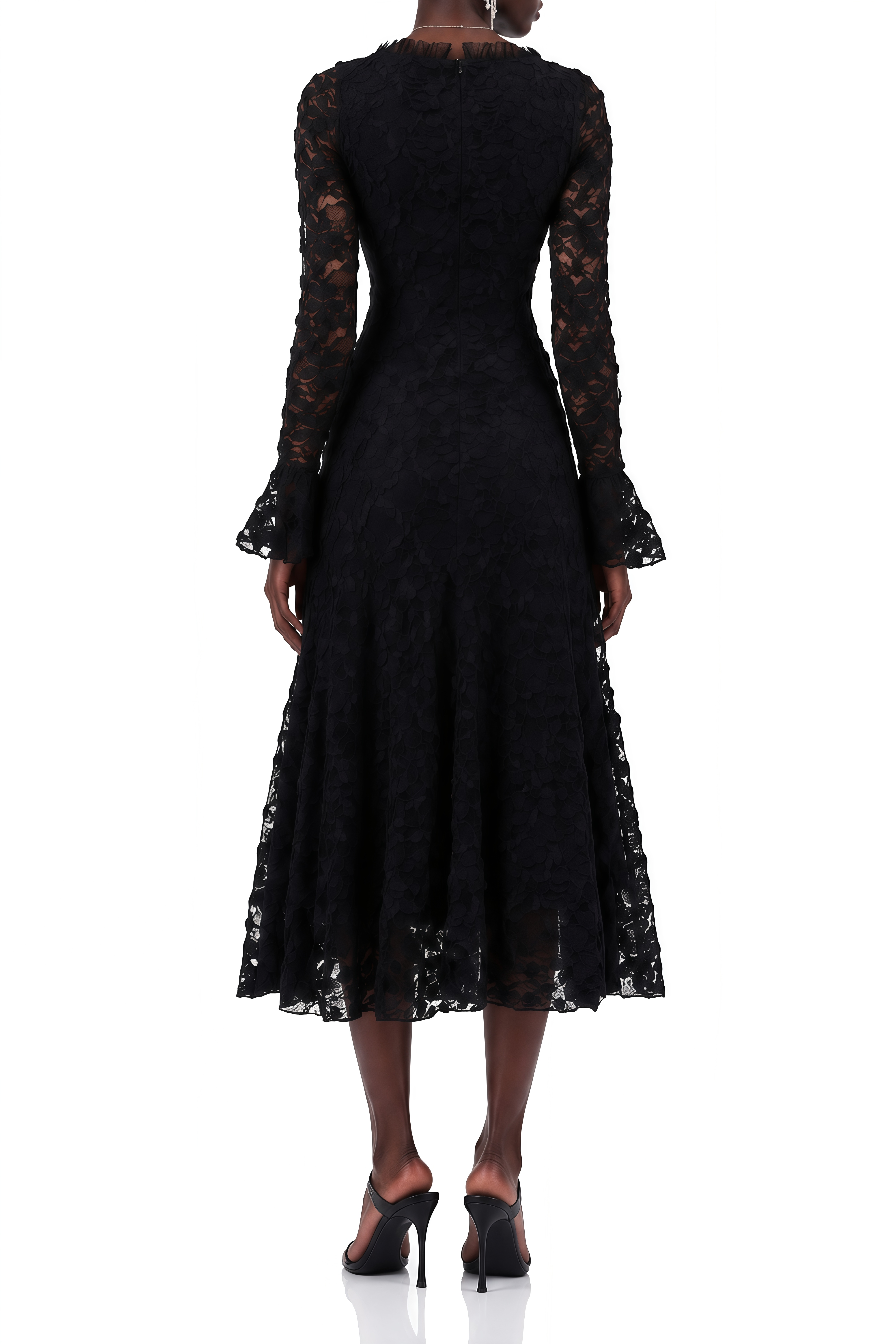 Renee Black Floral Lace Ruffled Midi Dress