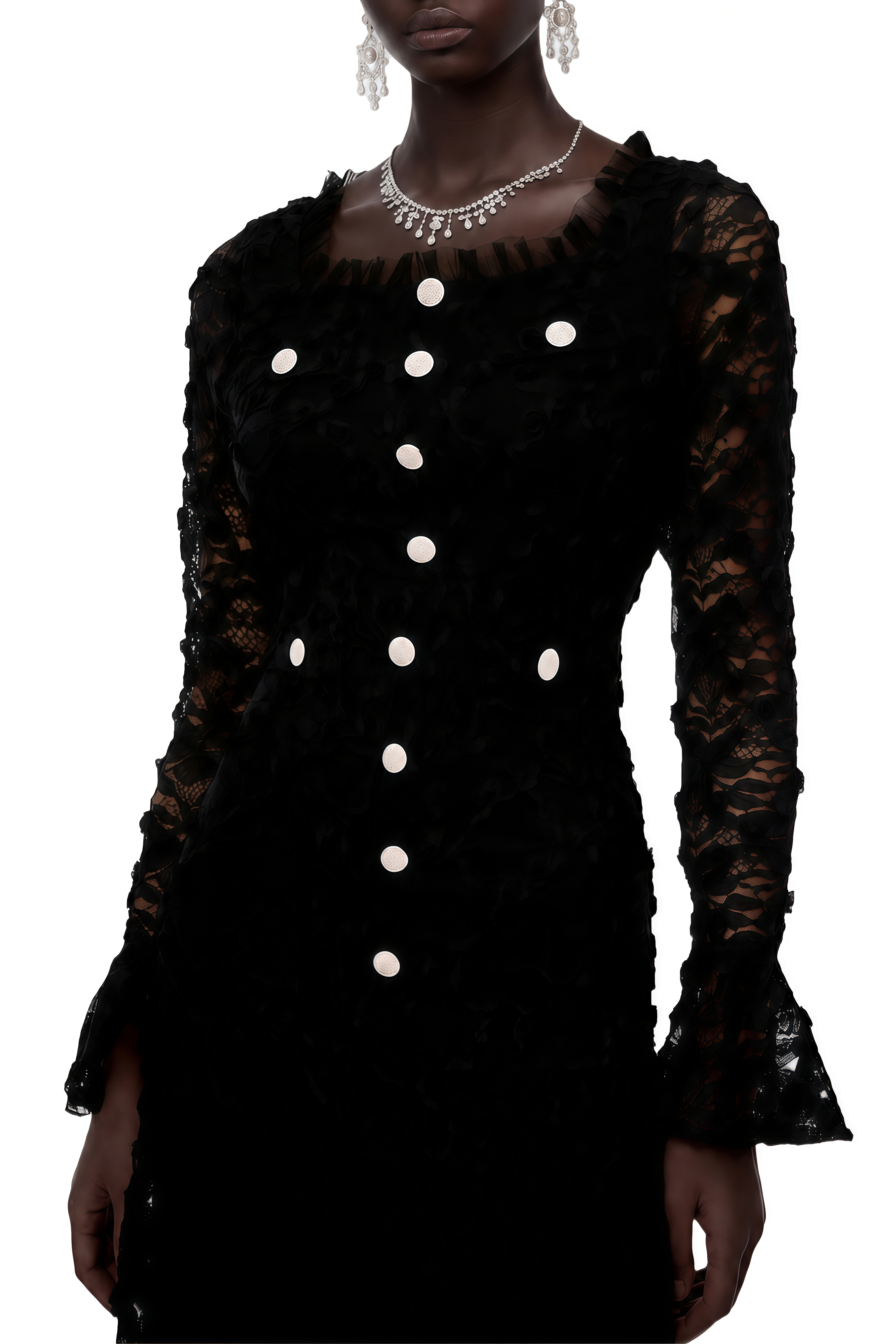 Renee Black Floral Lace Ruffled Midi Dress