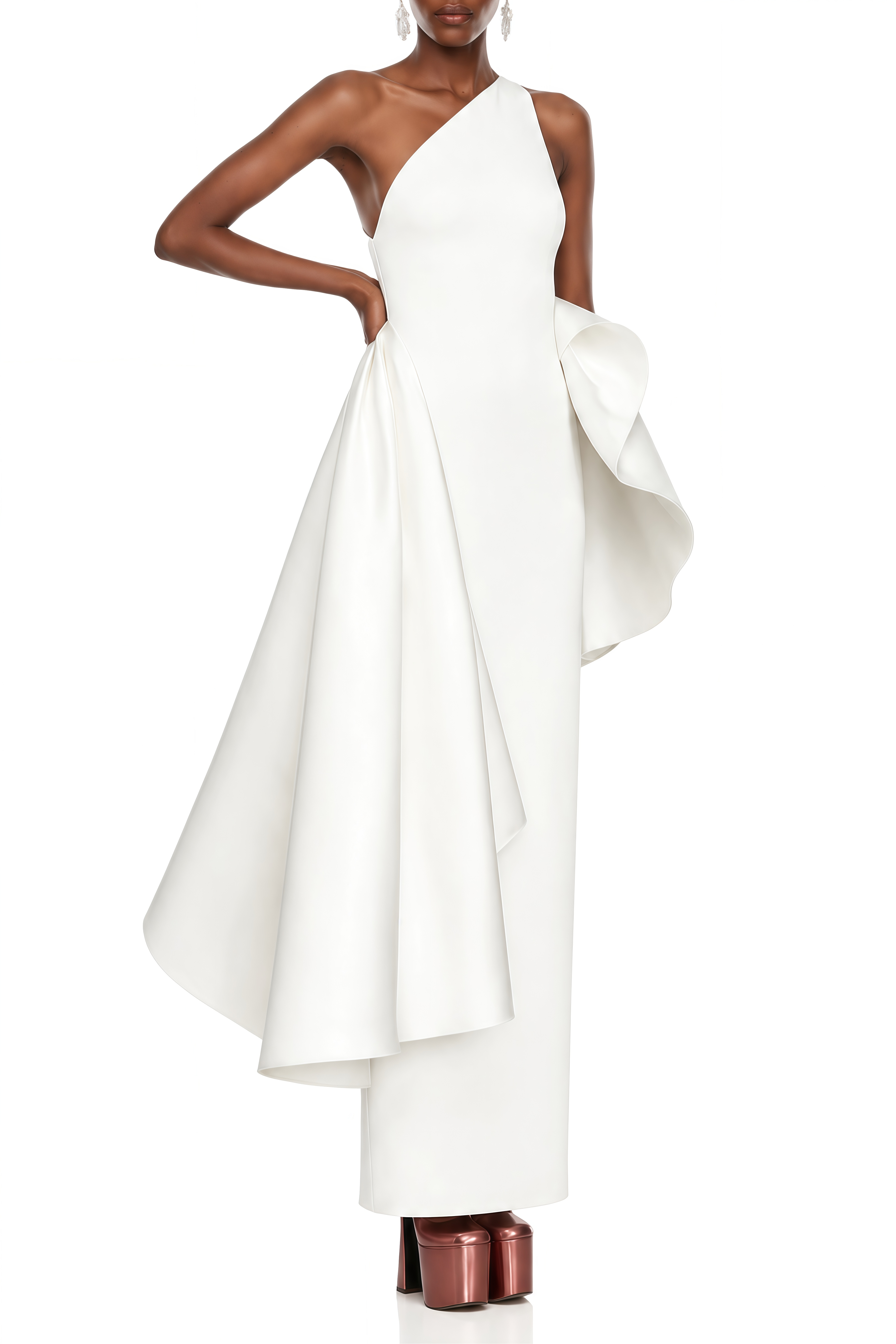 Rowena White Asymmetric Ruffle Trim Maxi Dress