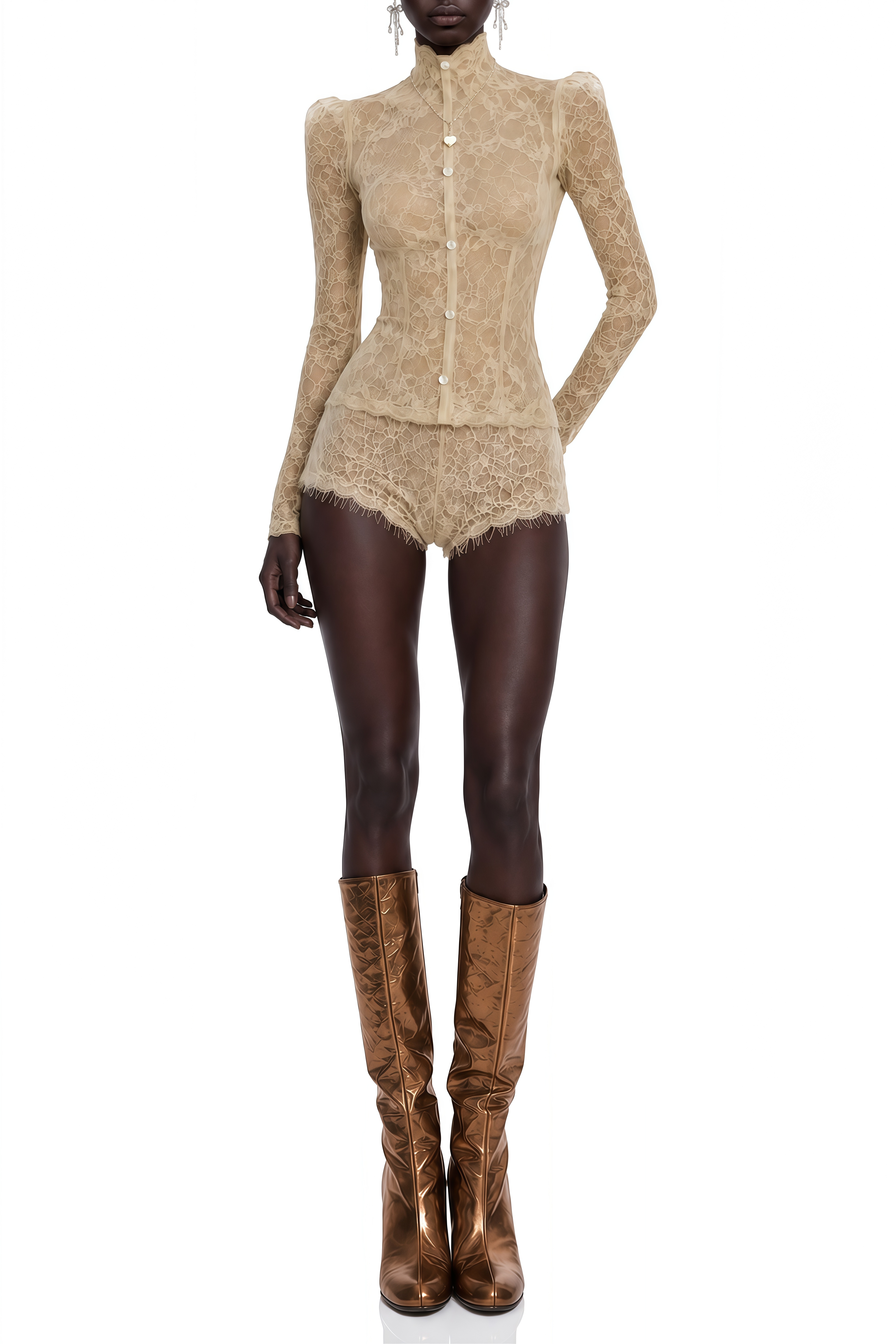 Stella Beige Long Sleeves Lace Top & Shorts Set