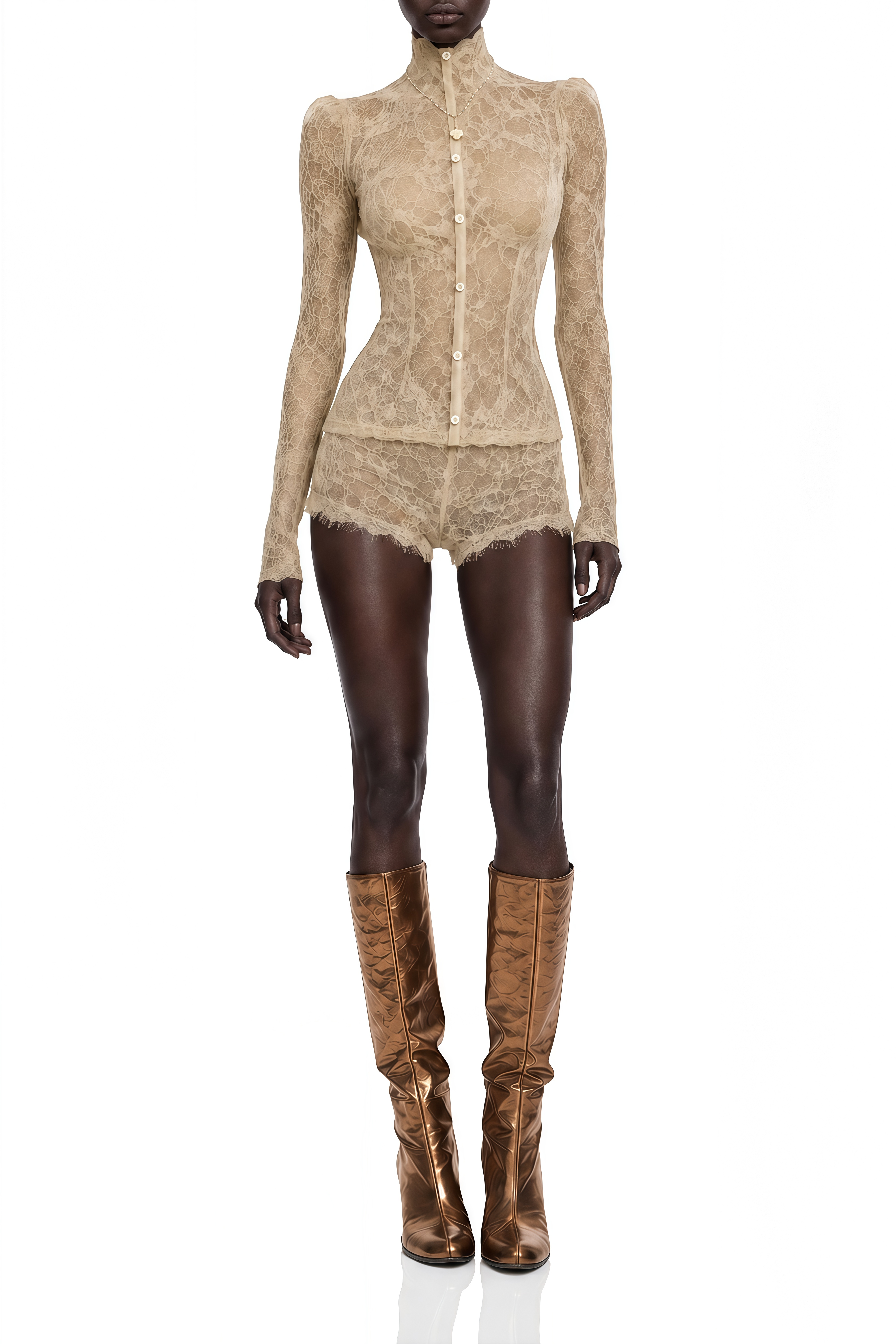 Stella Beige Long Sleeves Lace Top & Shorts Set