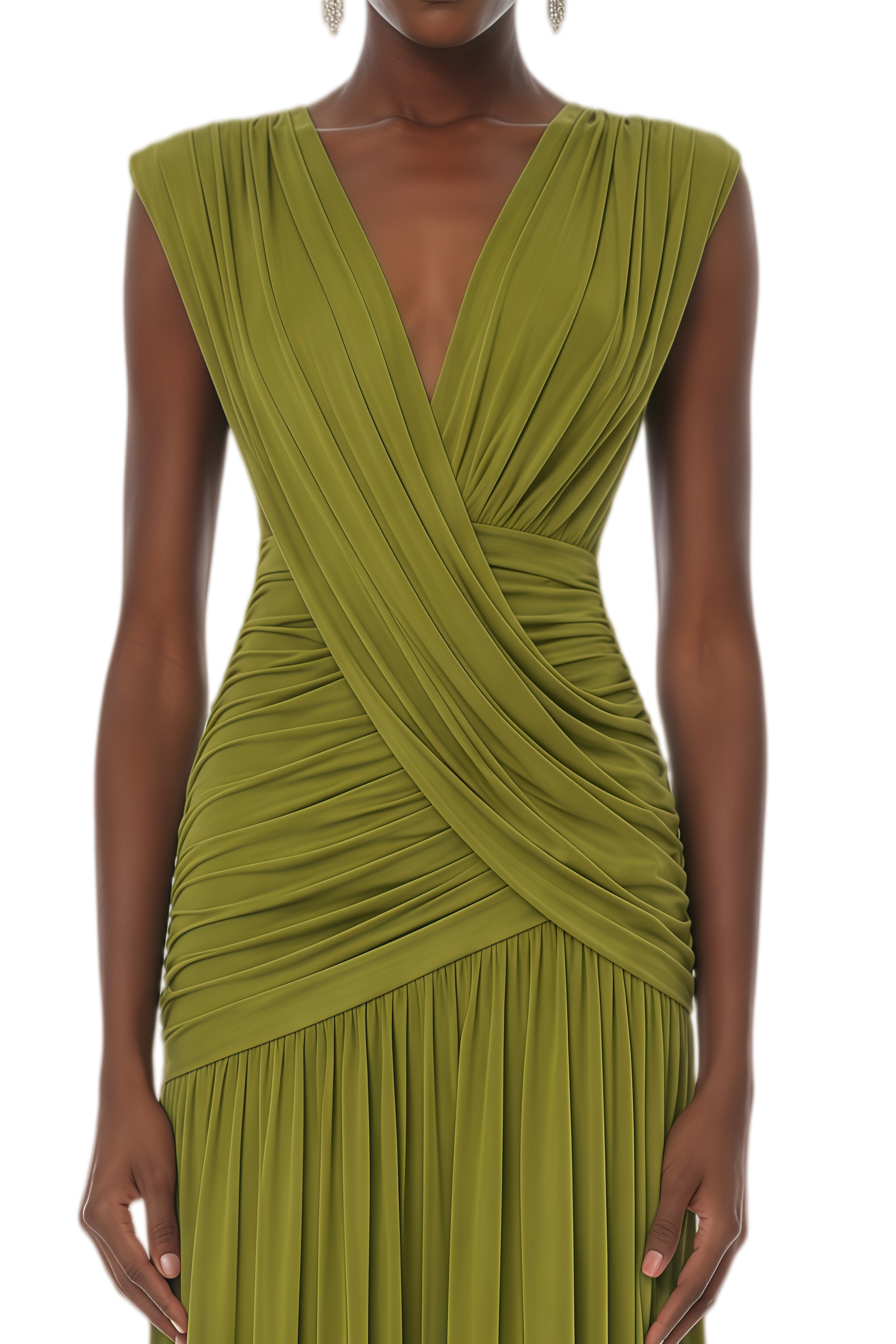 Theodora Green Ruched V-Neckline Maxi Dress