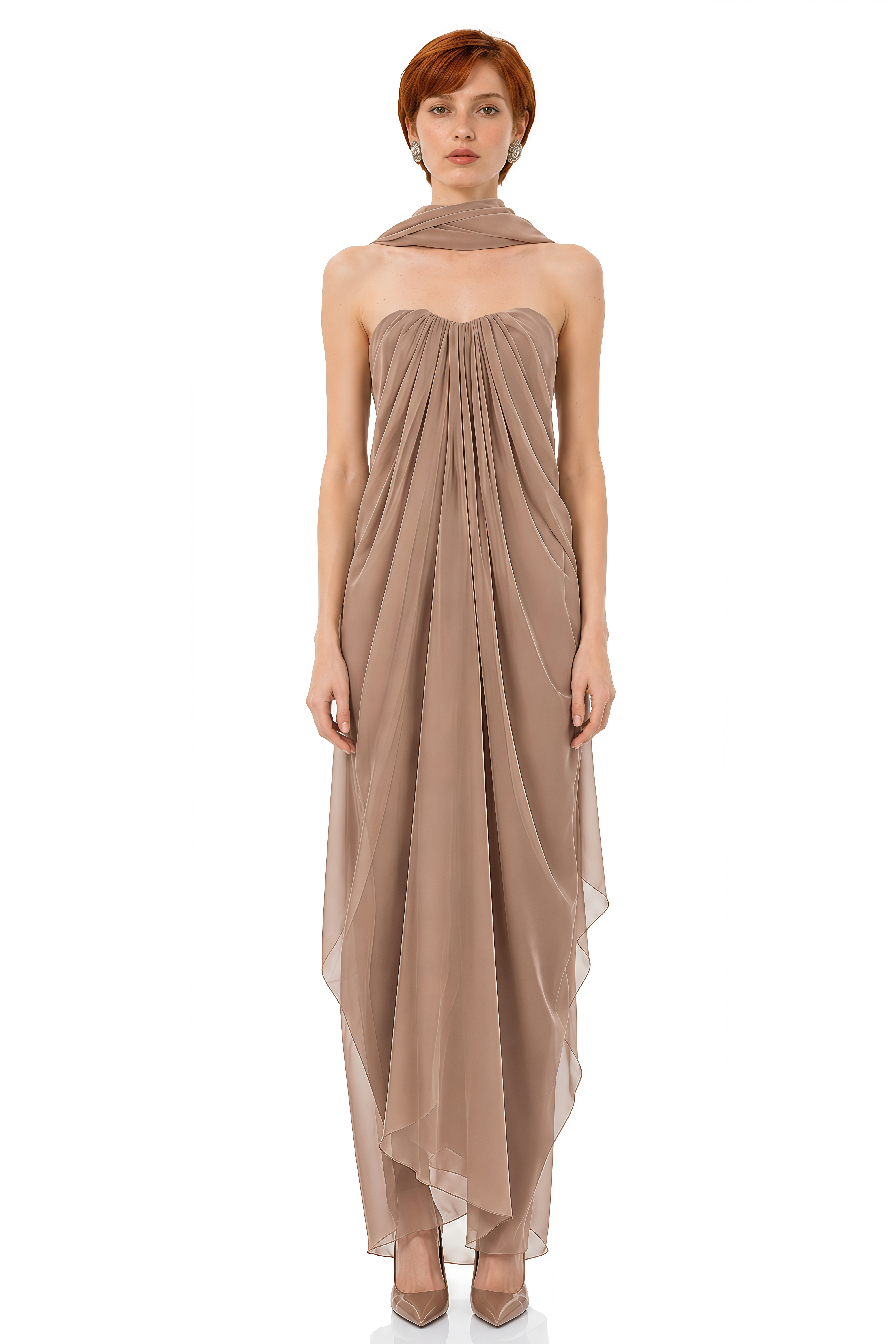 Daphne Brown Strapless Draped Maxi Dress