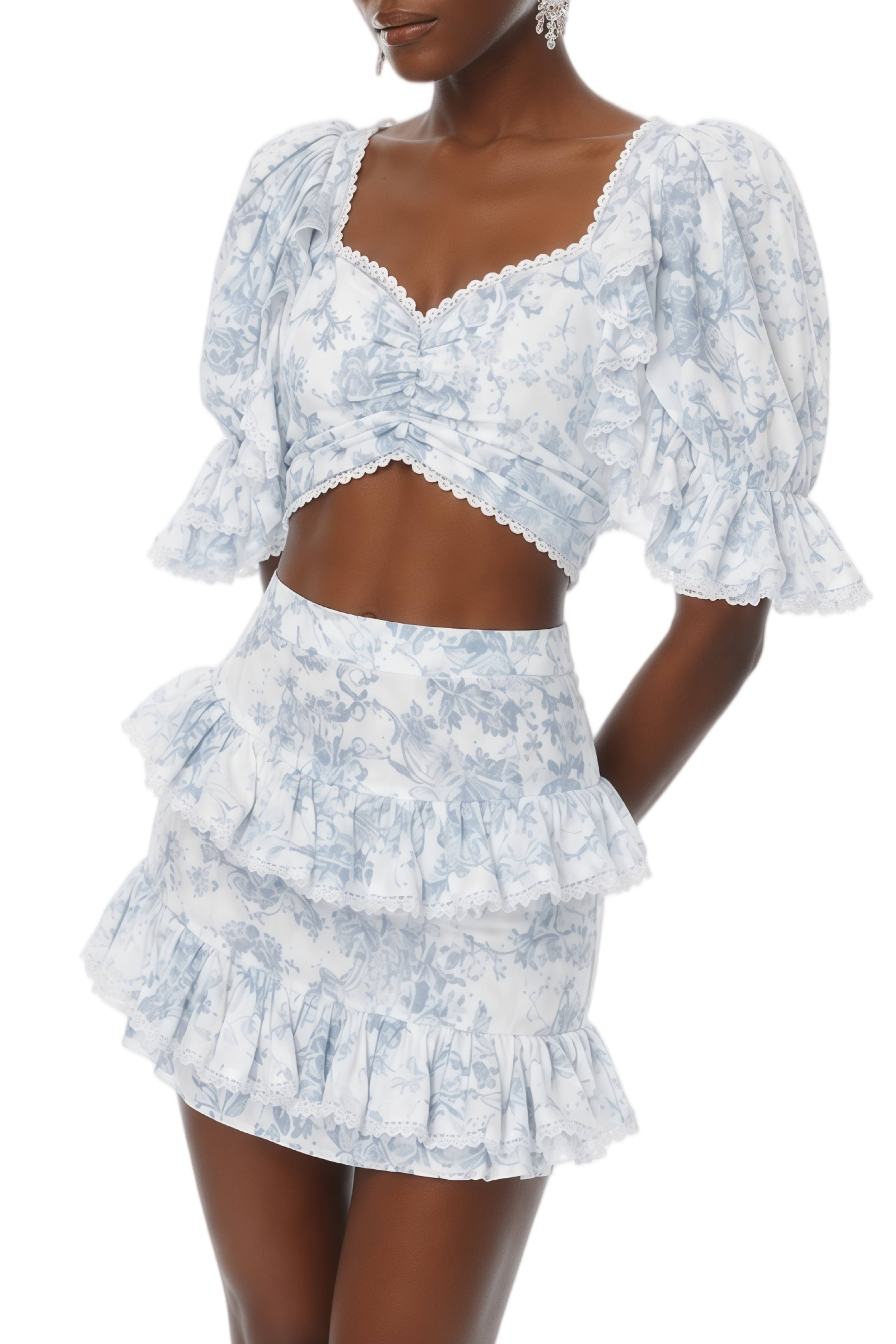 Isolde White Floral print Lace Trim Top & Skirt Set