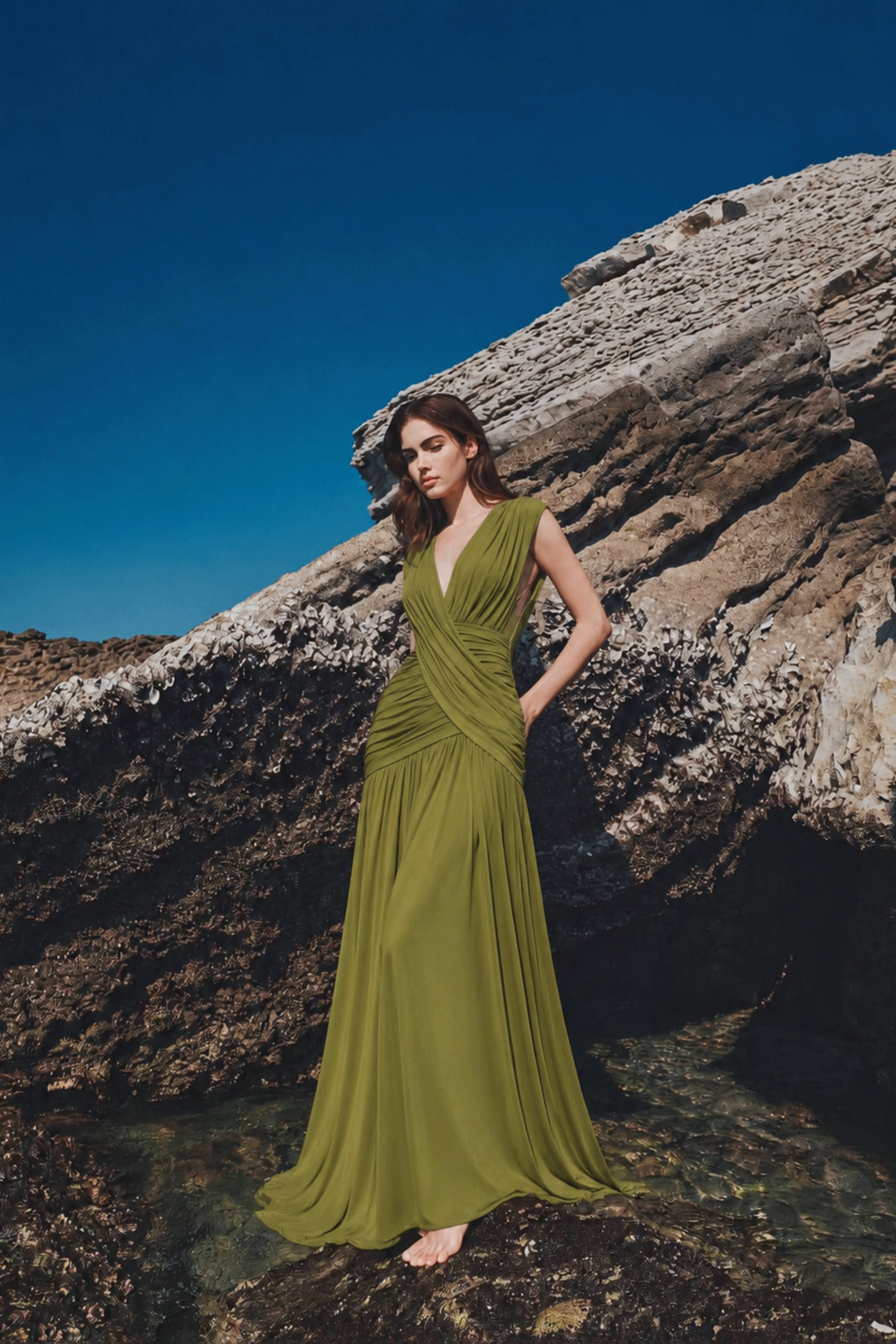 Theodora Green Ruched V-Neckline Maxi Dress