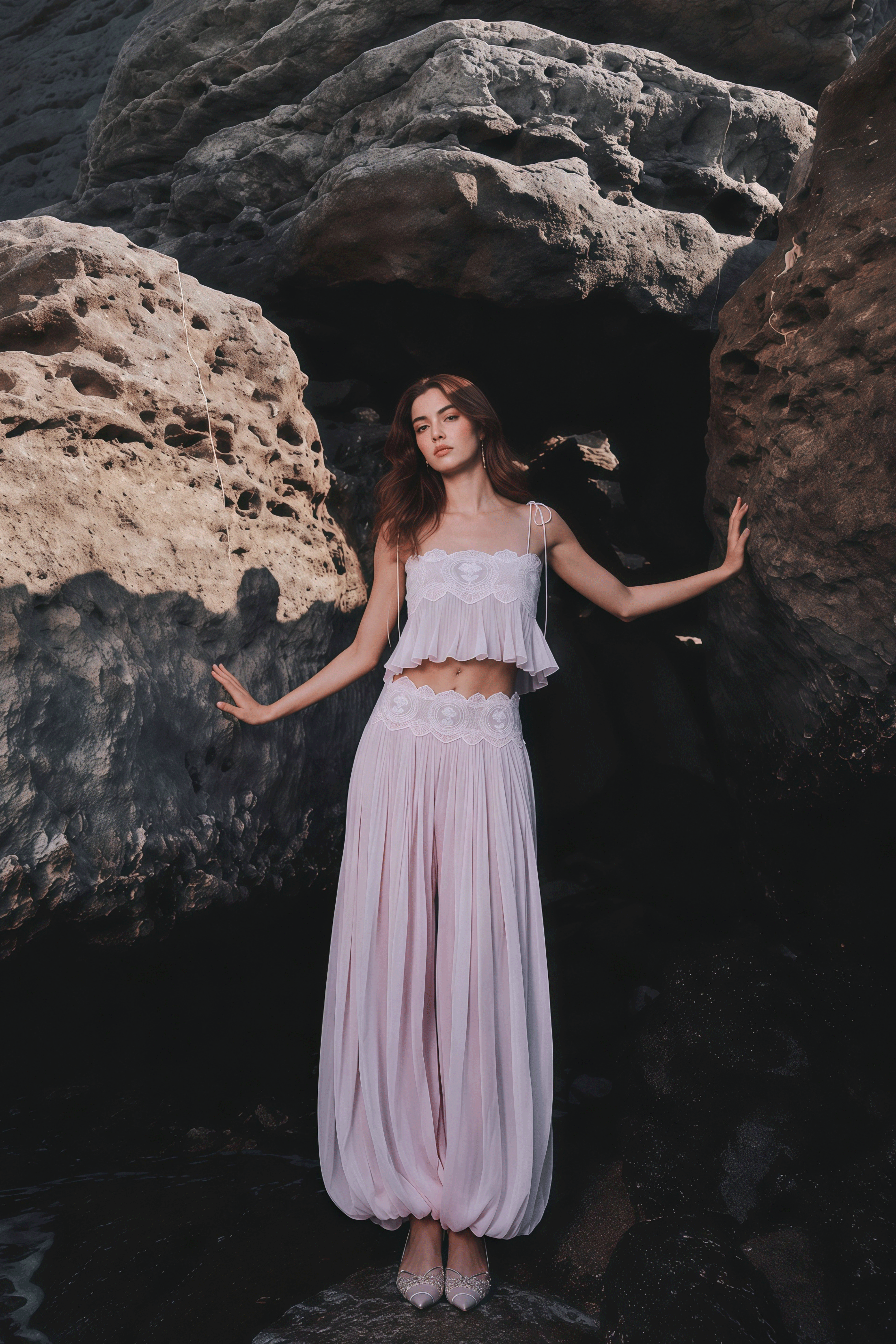 Annabelle Pink Pleated Ruffled Top & Trousers Set