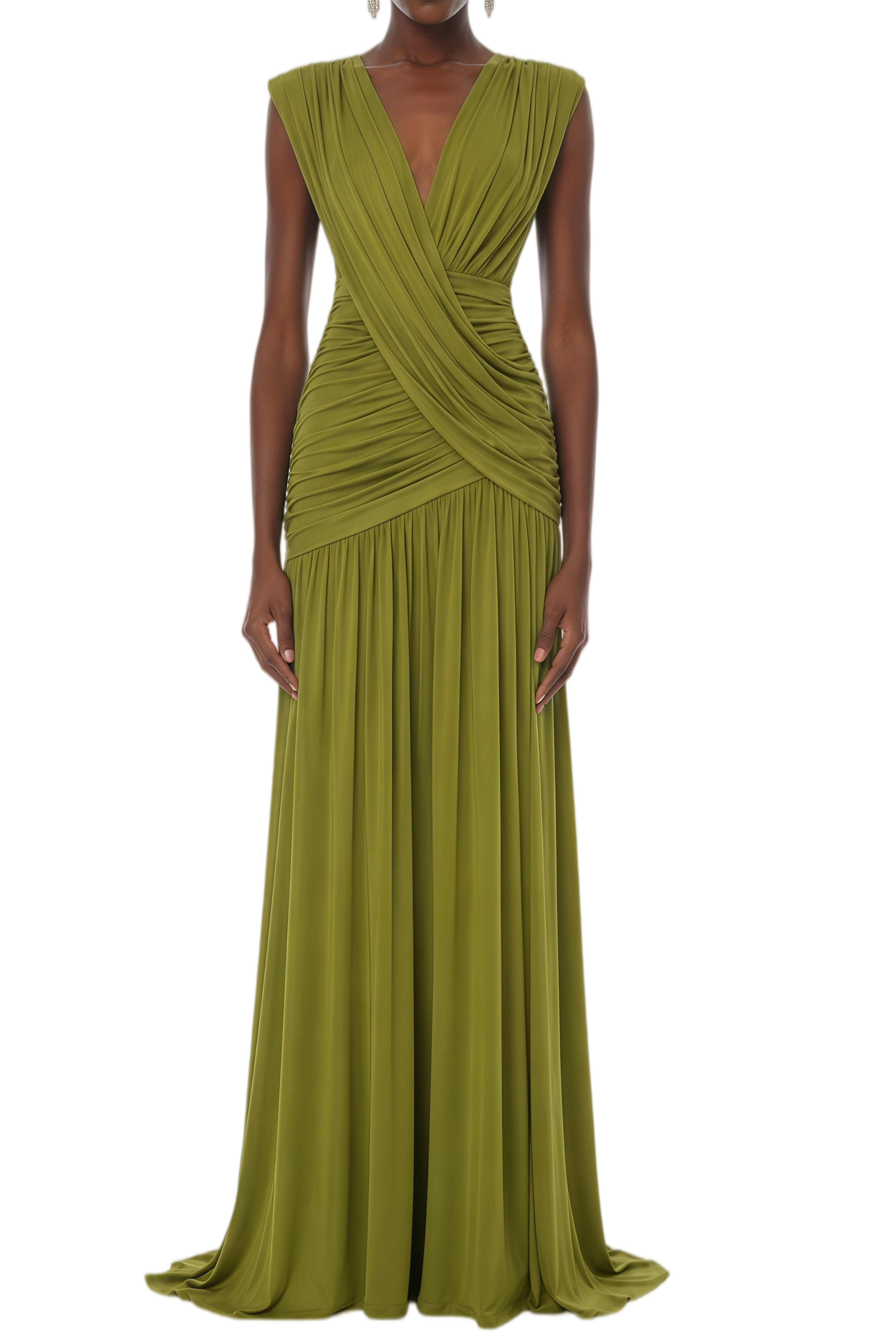 Theodora Green Ruched V-Neckline Maxi Dress
