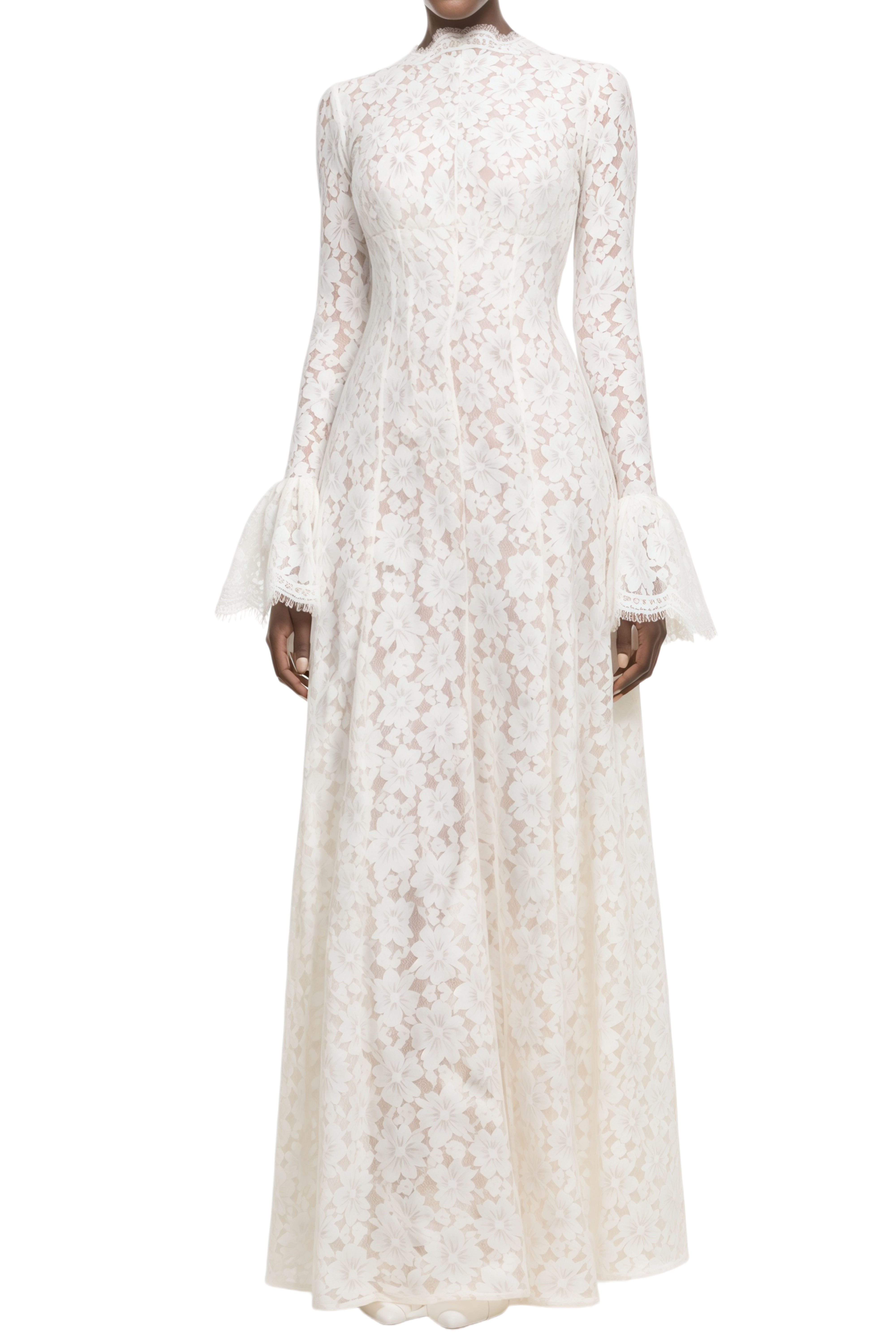 Katherine Cream White Floral Lace Pleated Maxi Dress