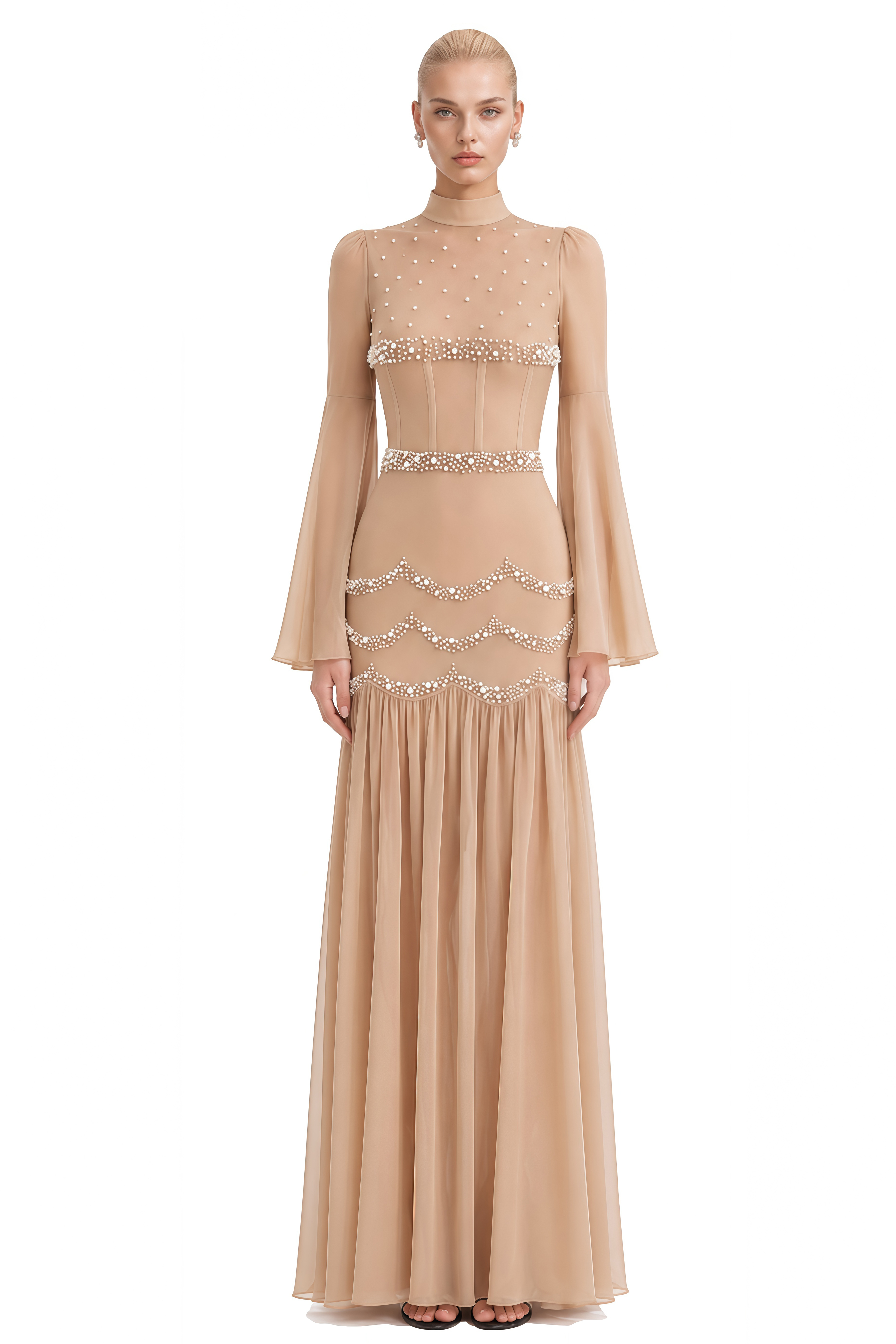 Eira Beige Turtleneck Pleated Maxi Dress
