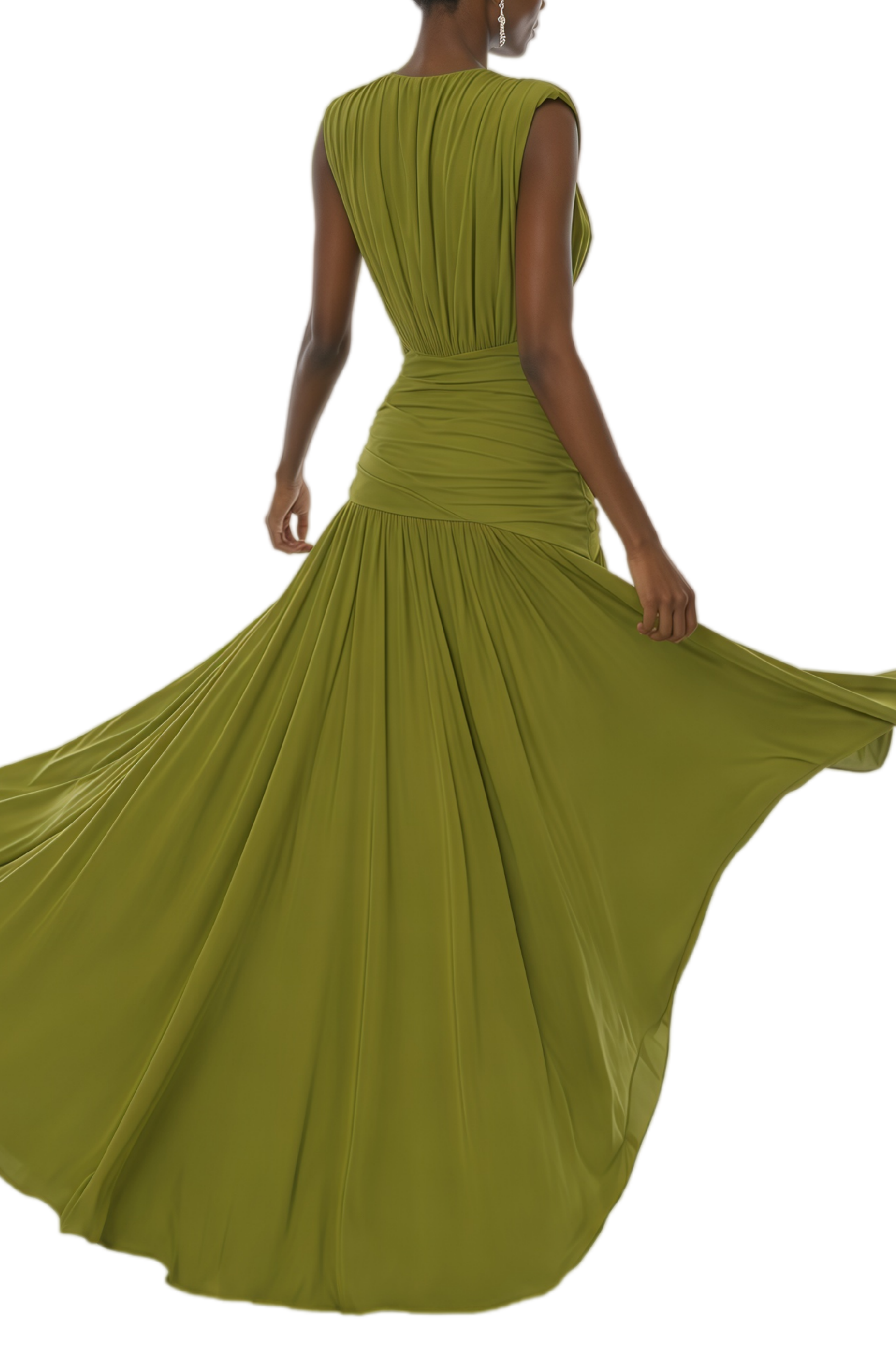 Theodora Green Ruched V-Neckline Maxi Dress