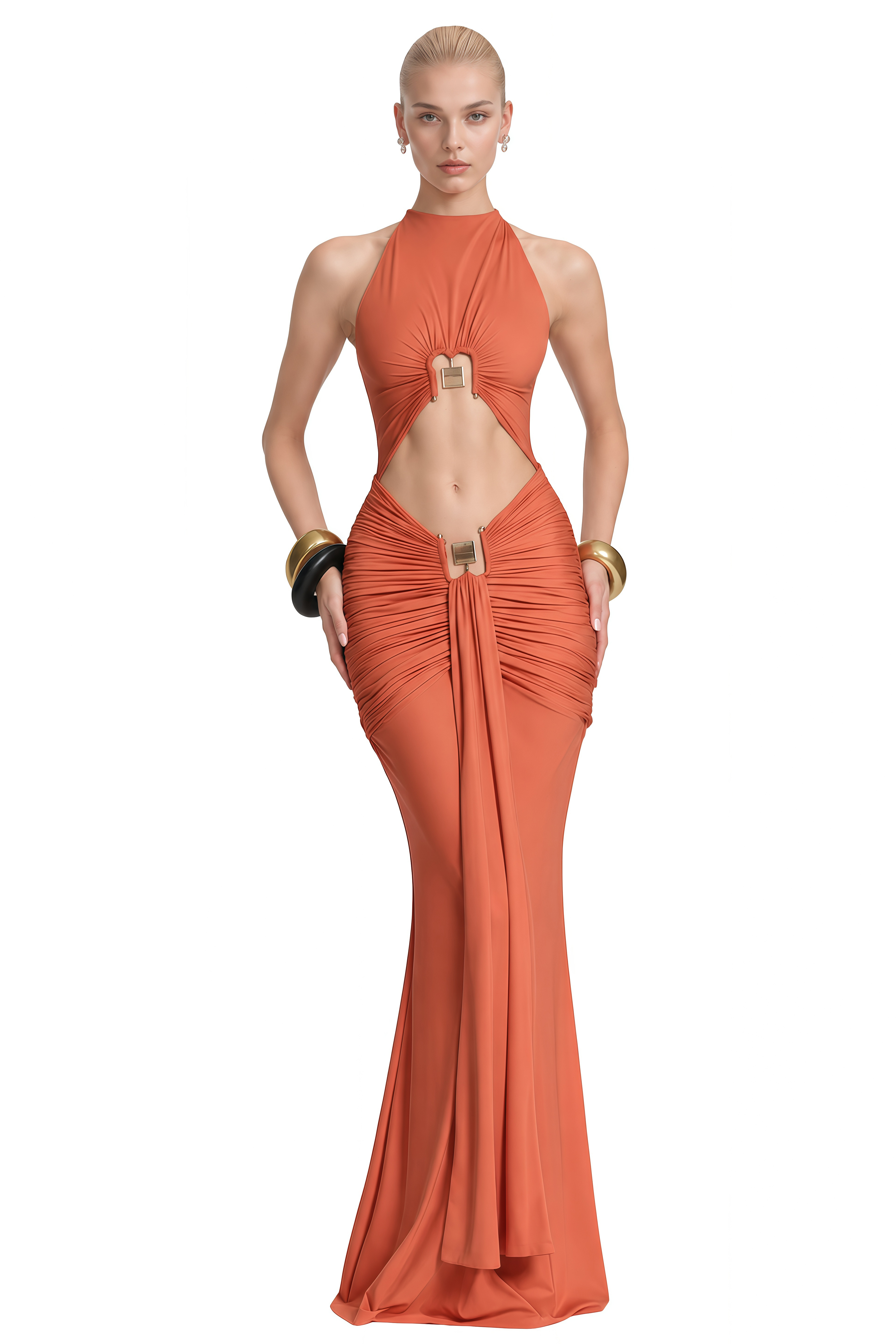 Bronte Burnt Orange Halterneck Cut-Out Maxi Dress