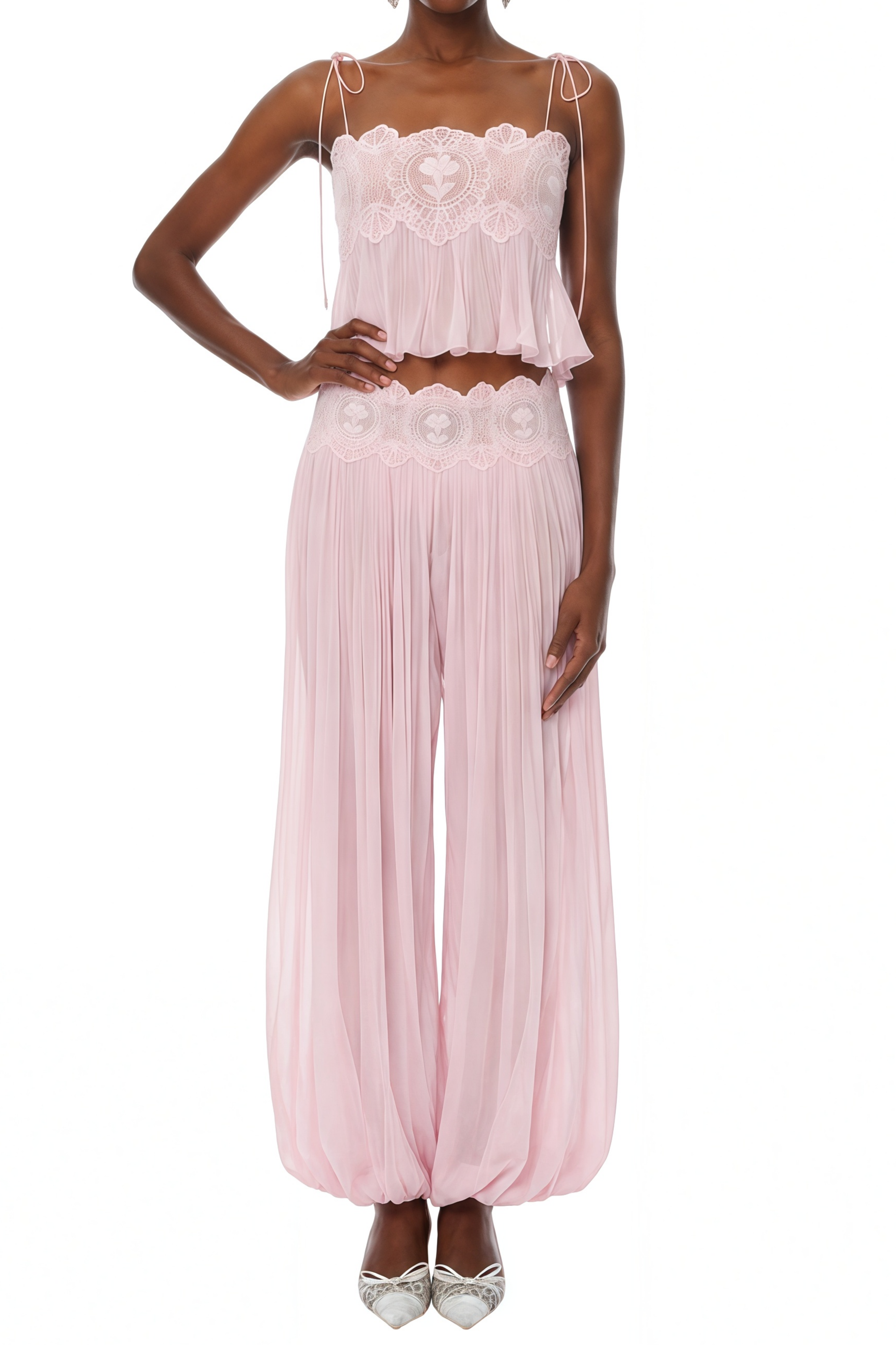 Annabelle Pink Pleated Ruffled Top & Trousers Set