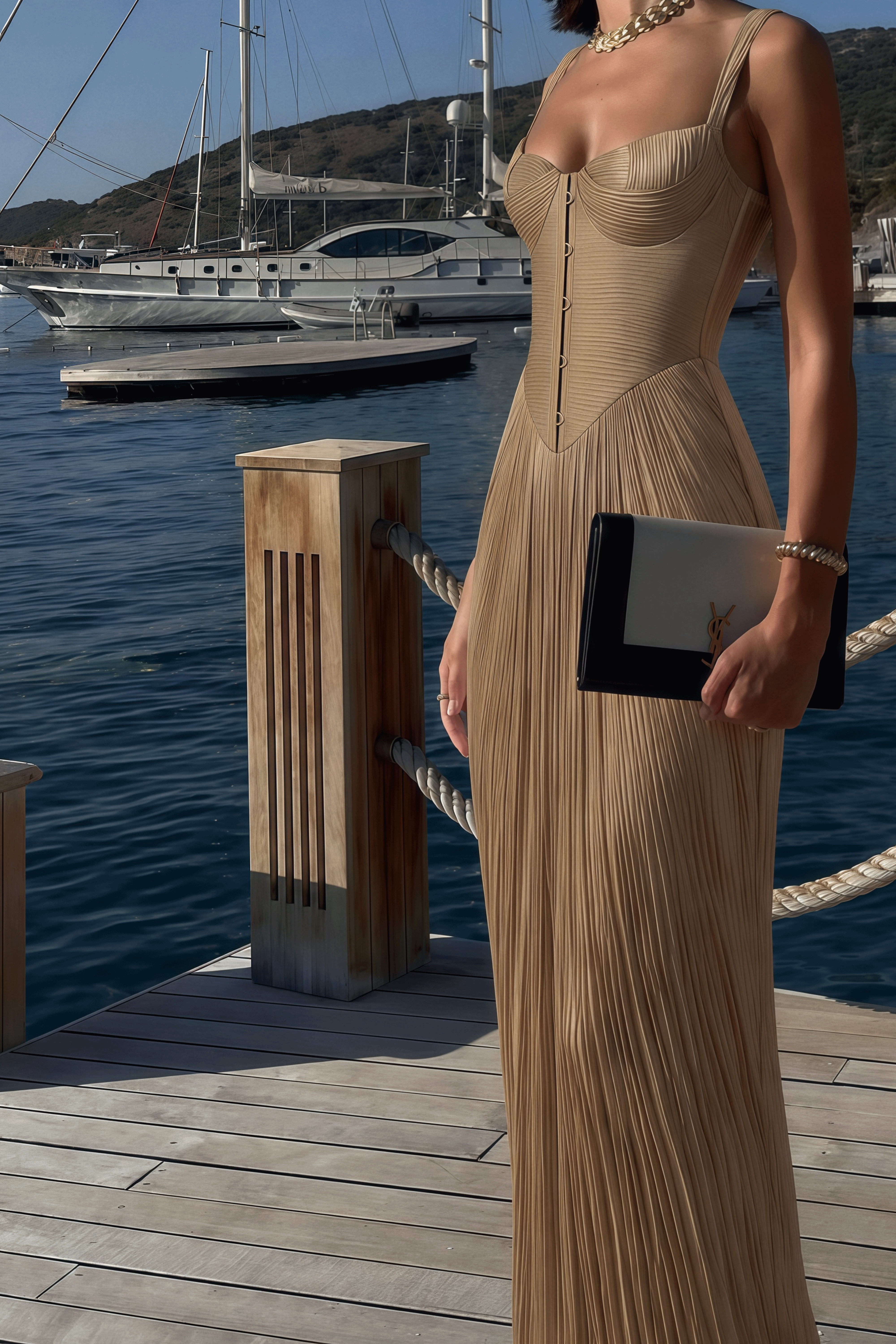 Frederica Gold Glossy Pleated Corset Maxi Dress
