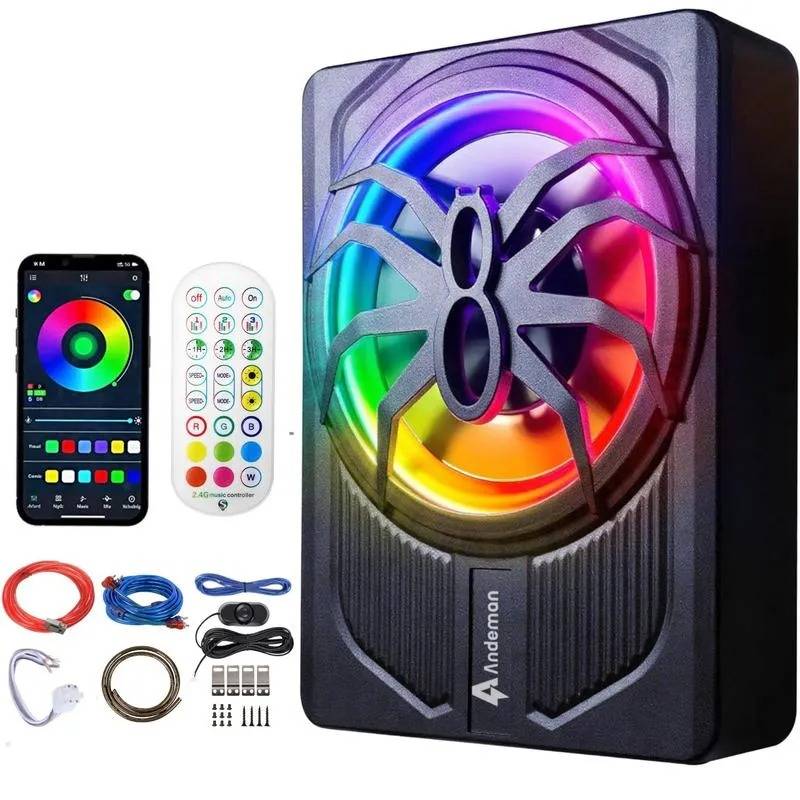 Subwoofer para coche ANDEMAN de 1200 W con control por aplicación y luz LED de colores, subwoofer plano de 10 pulgadas para debajo del asiento con amplificador integrado y entrada de alta/baja impedancia, altavoz de graves para coche/camioneta/SUV/Jeep/mo