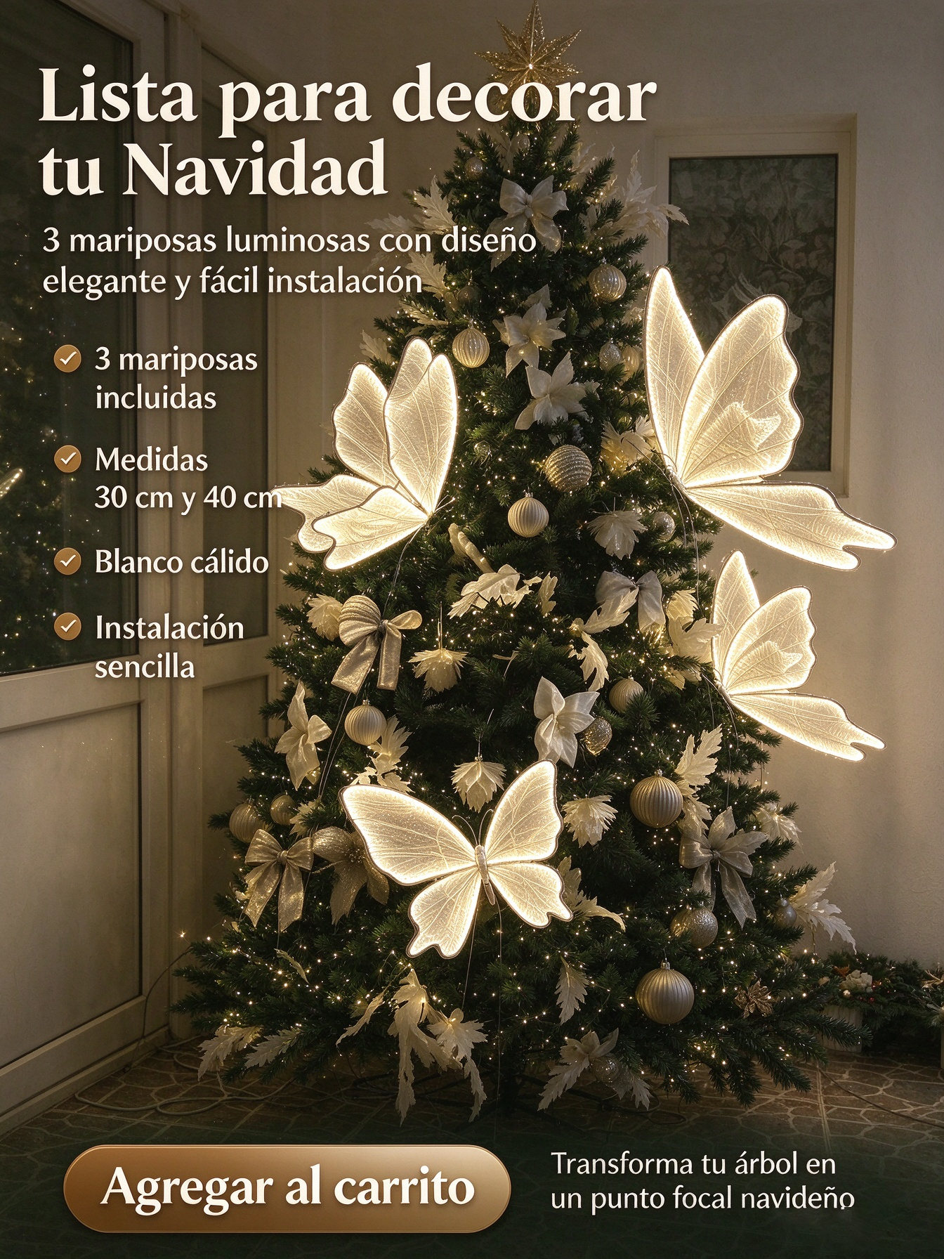 🎄Árbol de Navidad Predecorado con Luces, Juego Completo con 2 Lámparas Mariposa LED de Pie🦋, Incluye Bolas y Guirnaldas, Decoración Navideña Lista para Usar