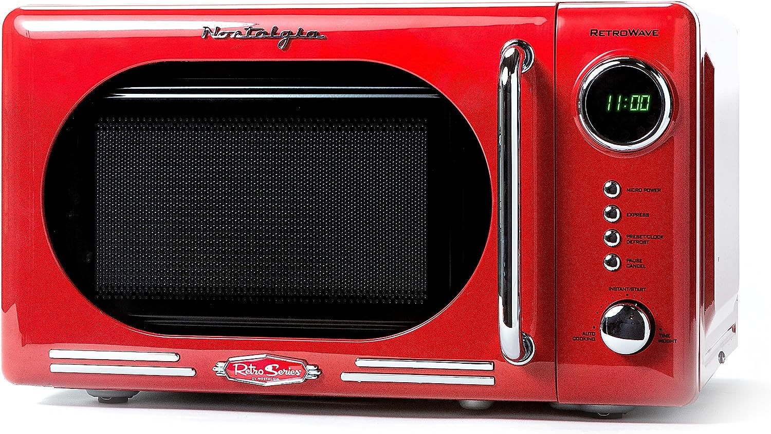 Nostalgia - Horno de microondas retro para encimera de mediados de siglo, tamaño grande de 900 W, 0.9 pies cúbicos, 8 ajustes de cocción preprogramados, reloj digital, electrodomésticos de cocina,