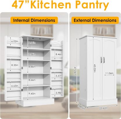 kepptory - clóset de despensa de 47 pulgadas, clóset de almacenamiento de despensa de cocina con puertas y estantes ajustables, aparador no empotrado café para sala de estar y comedor, resistente y