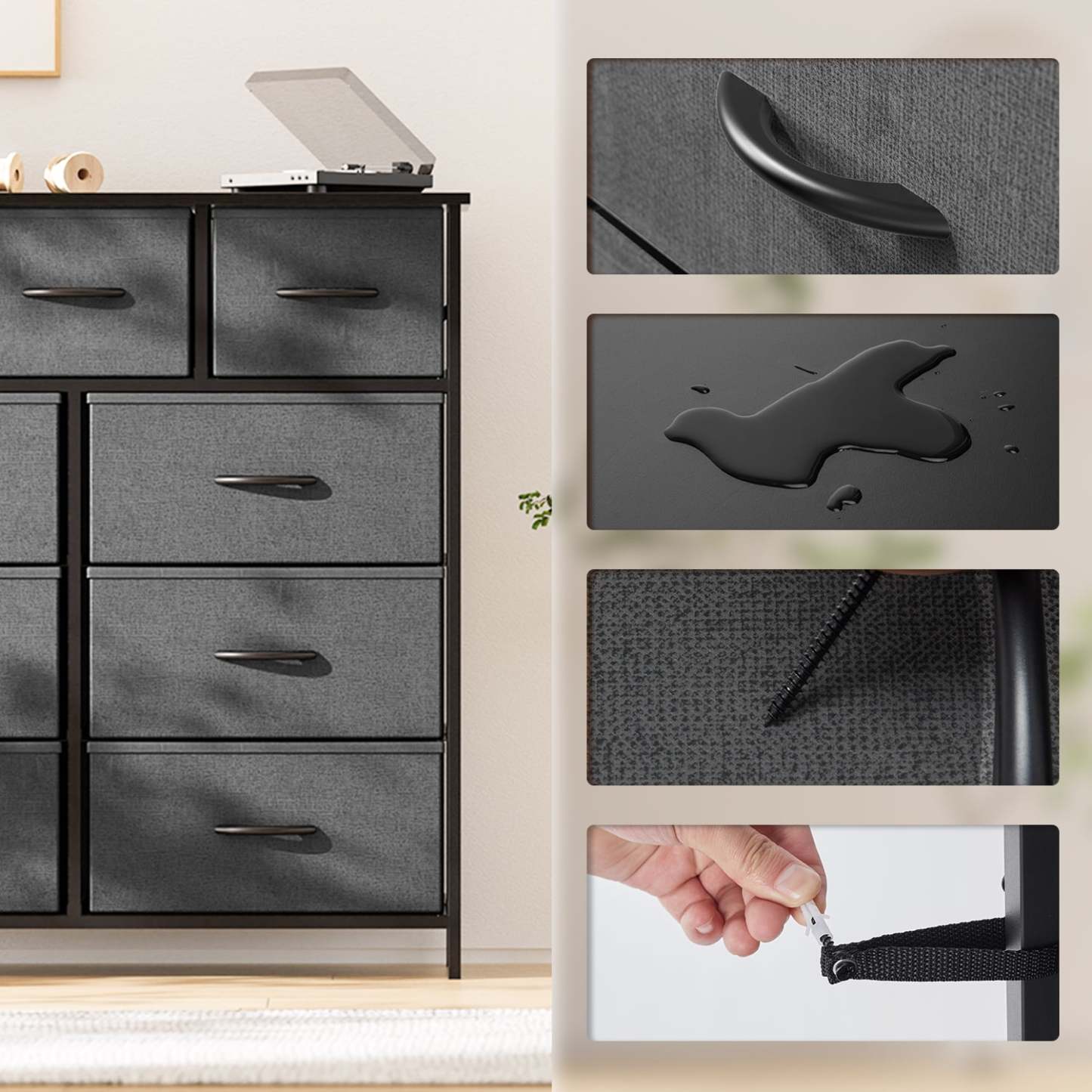 Yanming Cómoda de Tela con 9 cajones, Estructura de Acero y Tapa de Madera para Dormitorio, Armario, Entrada