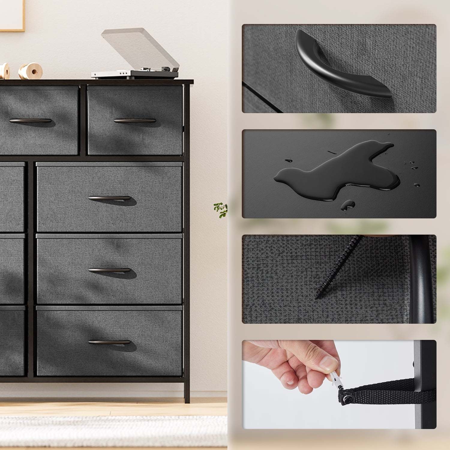 Yanming Cómoda de Tela con 9 cajones, Estructura de Acero y Tapa de Madera para Dormitorio, Armario, Entrada