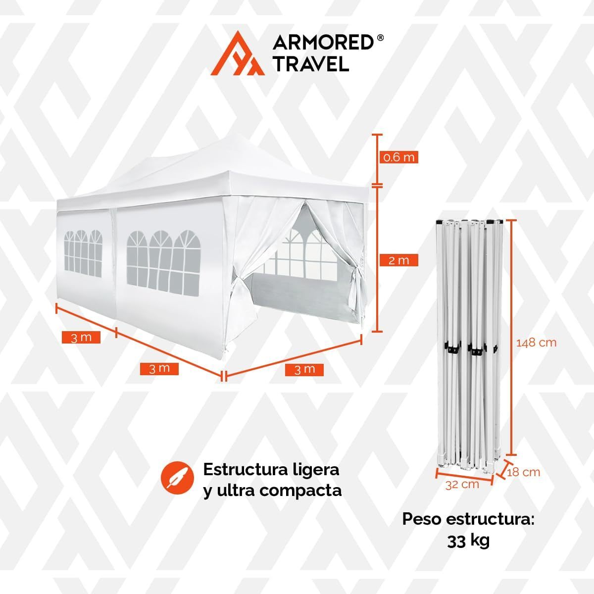 BECKON Toldo Carpa Plegable con Paredes Impermeable 3x6 m Premium para Exteriores Uso rudo *Aluminio Reforzado* + *Estacas* Canopy Tent Gazebo Instant Shelter