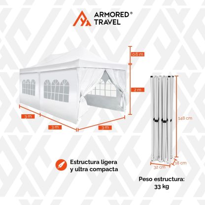 BECKON Toldo Carpa Plegable con Paredes Impermeable 3x6 m Premium para Exteriores Uso rudo *Aluminio Reforzado* + *Estacas* Canopy Tent Gazebo Instant Shelter