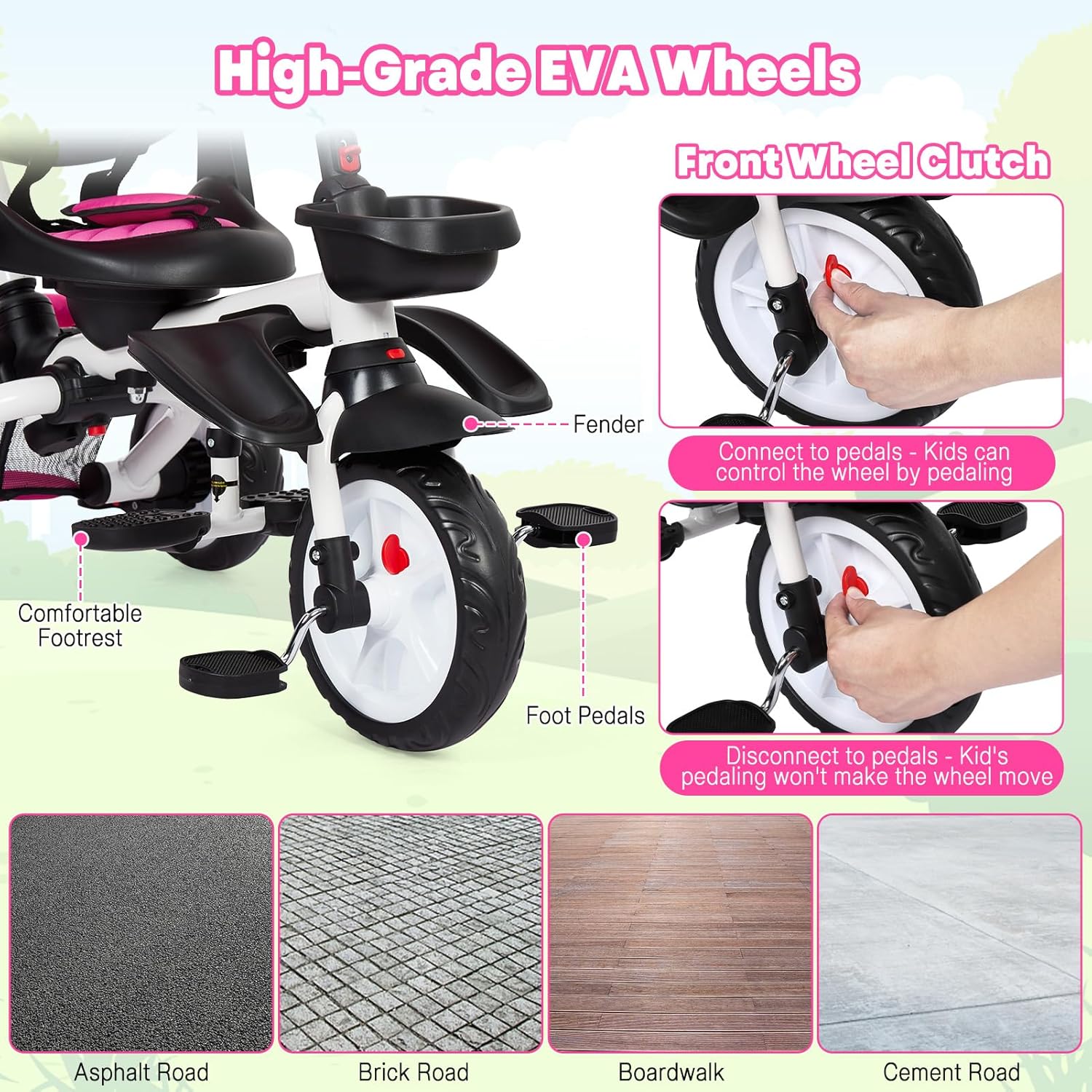 Babevy - Triciclo para bebé, 7 en 1, Plegable con Mango de Empuje Ajustable extraíble, toldo, Asiento Giratorio, arnés de Seguridad, portavasos y Almacenamiento, Triciclo para niños de 1 a 5 años