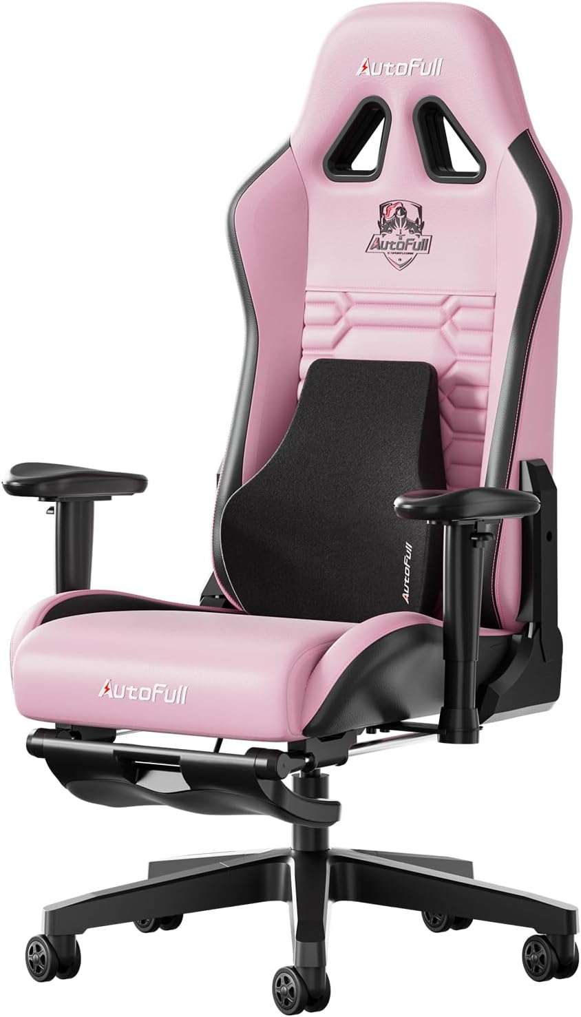 AutoFull C3 Silla Gaming, Silla de Carreras con Soporte Lumbar Ergonómico, Respaldo Alto Ajustable y Reposapiés en Cuero PU para Computadora,Negro