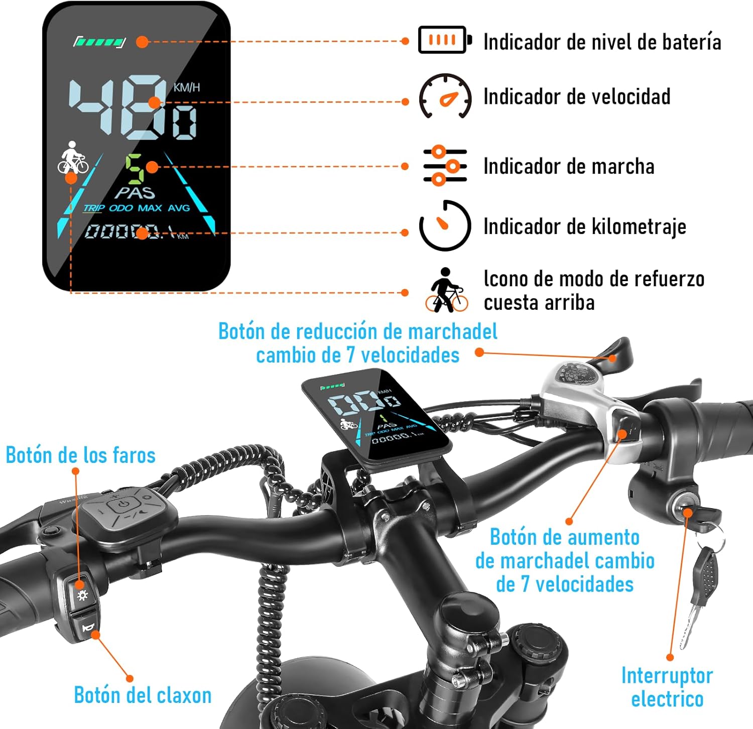 HONEYWHALE K6 Bicicleta Electrica para Adultos, Moto Bicicleta de Montaña de 7 Velocidades, Potencia del Motor 1080 W, Velocidad Máxima 48KM/H, Autonomía 40-45KM, Batería (48V, 15AH)