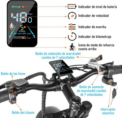 HONEYWHALE K6 Bicicleta Electrica para Adultos, Moto Bicicleta de Montaña de 7 Velocidades, Potencia del Motor 1080 W, Velocidad Máxima 48KM/H, Autonomía 40-45KM, Batería (48V, 15AH)
