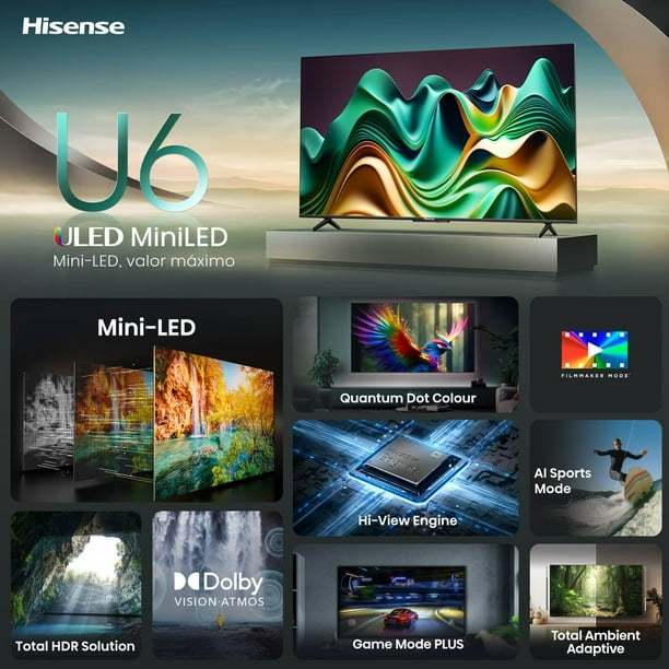 Pantalla Hisense 55" 4K MiniLED Google TV 55U6N