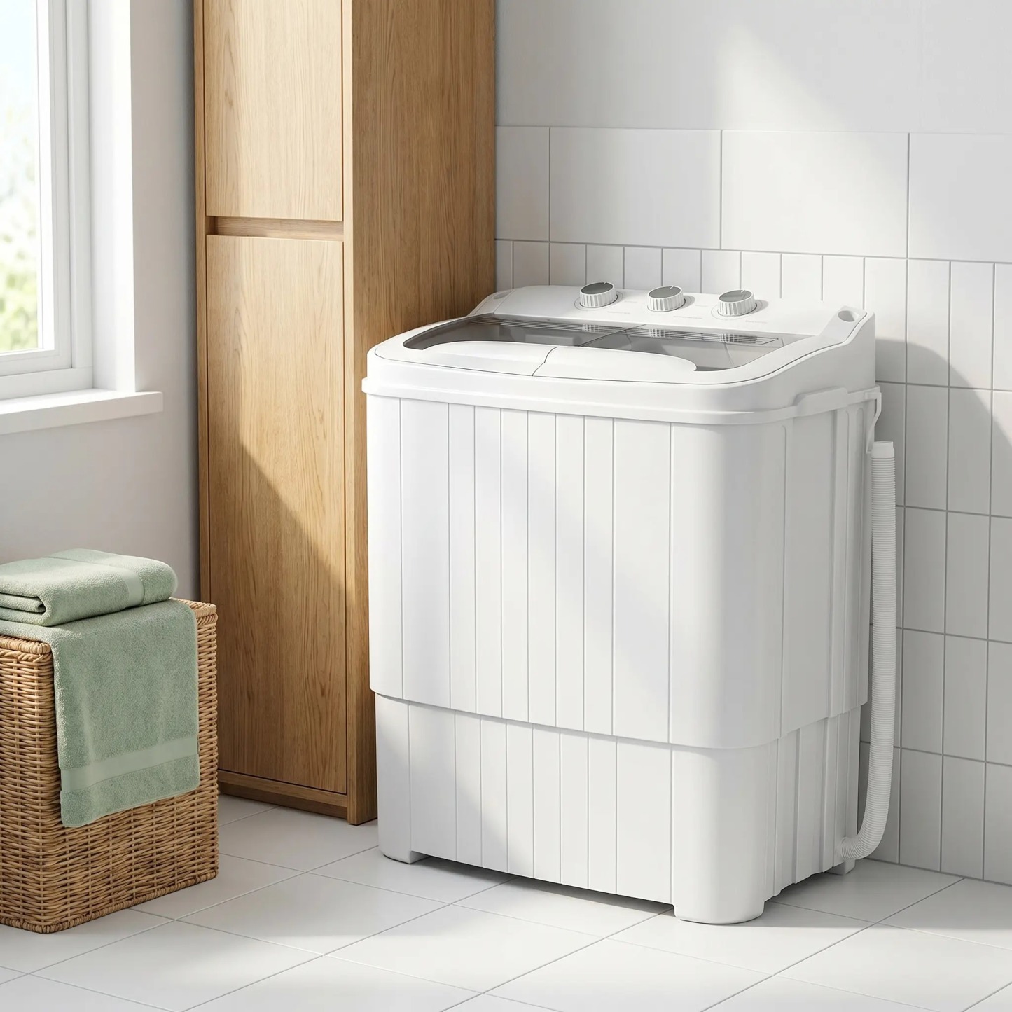 Lavadora semiautomática de doble tina (capacidad total de 16 lb: 9.6 lb de lavado + 5.4 lb de centrifugado); lavadora compacta ideal para apartamentos, dormitorios, casas rodantes, campamentos y uso doméstico diario.
