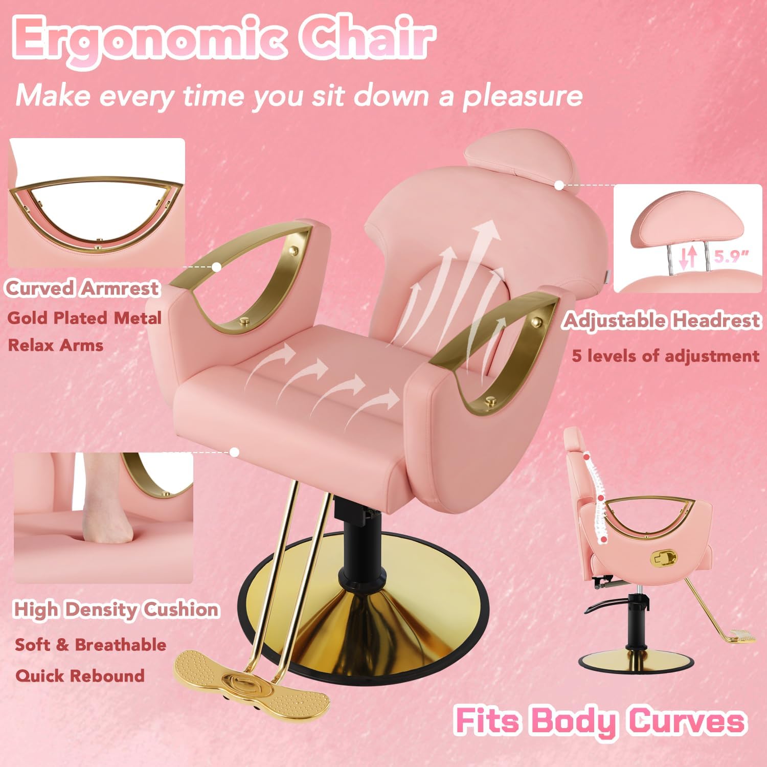 Silla de peluquero de salón, silla reclinable para peluquero, silla de peluquería con bomba hidráulica resistente, silla de peluquería giratoria de 360 grados para peluquería en casa, color rosa