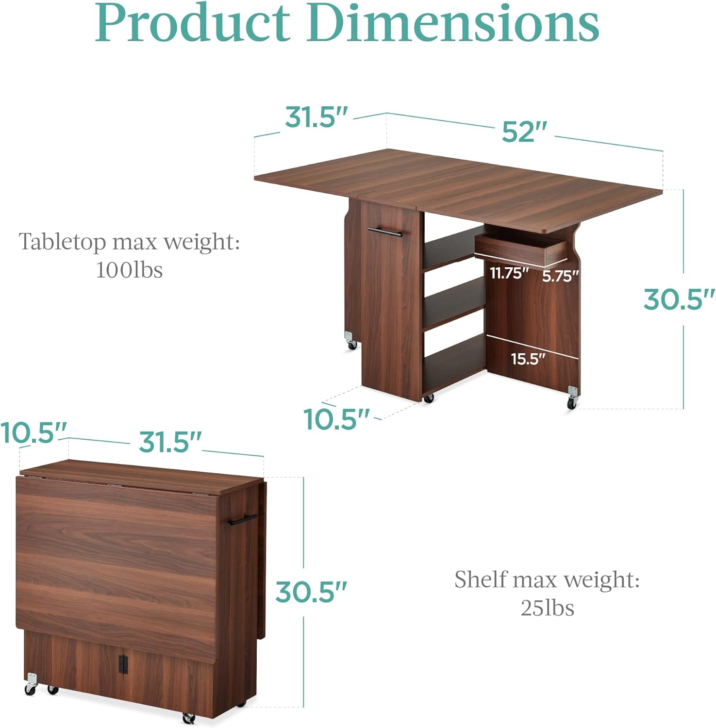 Best Choice Products - Mesa de comedor plegable, multiusos para ahorrar espacio, con ruedas, 3 estantes de almacenamiento, color café