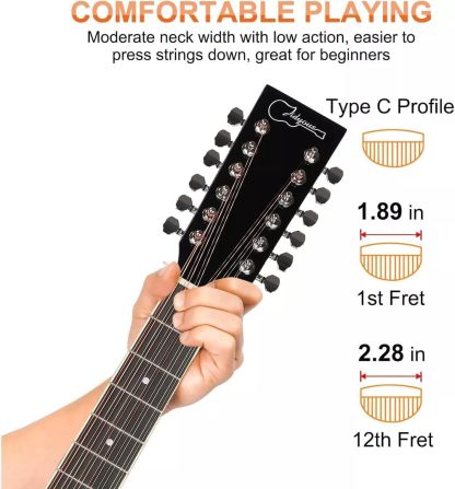 Jidyous-41 Inch,4/4,Guitarra Electroacústica 12 cuerdas,con Funda Acolchada, afinadores, Tirantes de guitarra,cuerdas, paletas, capó, adecuada para adultos jóvenes de nivel medio (Black)