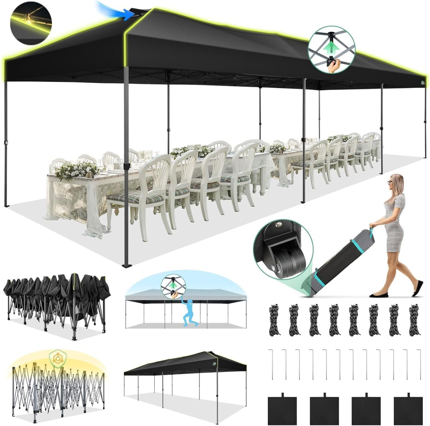 COBIZI - Tienda de campaña desplegable de 10 x 20 Pulgadas, Tienda de campaña instantánea Comercial para Bodas, Fiestas con 3 Altura Ajustable, toldo Ez Up para Exteriores, Impermeable, UPF50+ con