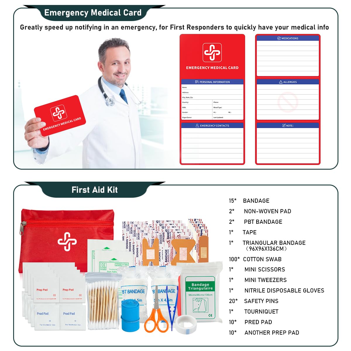 Kit de supervivencia, 262 piezas de equipo de supervivencia y suministros con bolsa de primeros auxilios y bolsa cruzada, kit de emergencia con tienda, martillo de hacha de campamento, pala de