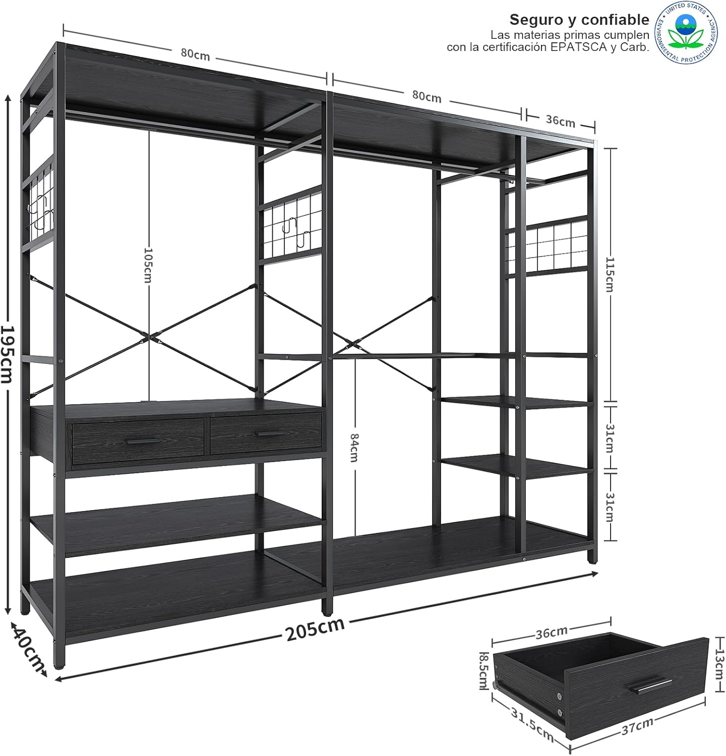 Simple Wisdom Closet Armables Para Ropa,2M Perchero Para Ropa Esquina en Forma de L,Closet Para Ropas Con 2 Cajones de Madera,Rack Para Ropas Con 5 Estantes Abiertos (Negro)