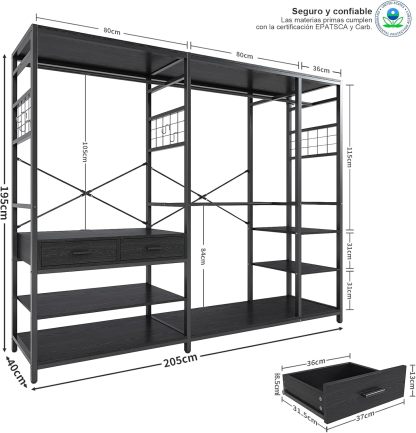 Simple Wisdom Closet Armables Para Ropa,2M Perchero Para Ropa Esquina en Forma de L,Closet Para Ropas Con 2 Cajones de Madera,Rack Para Ropas Con 5 Estantes Abiertos (Negro)