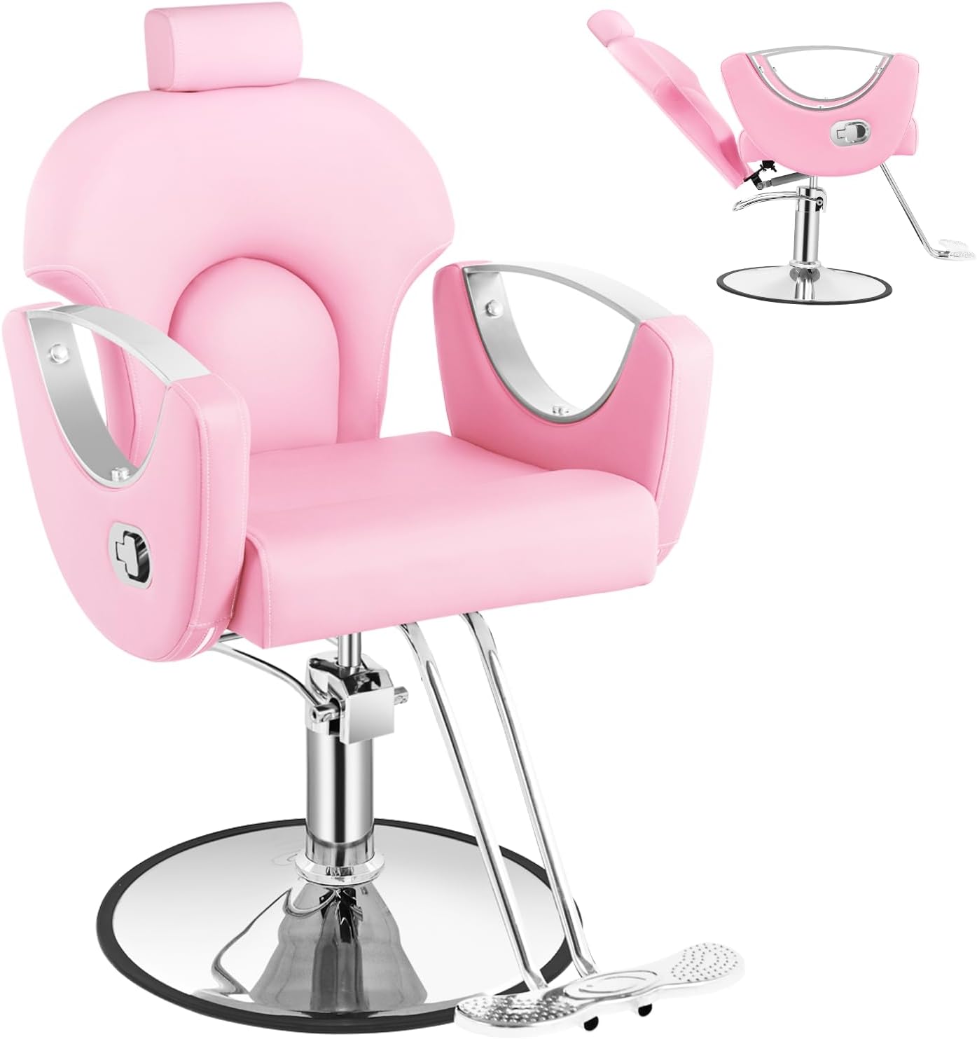 Silla de peluquero de salón, silla reclinable para peluquero, silla de peluquería con bomba hidráulica resistente, silla de peluquería giratoria de 360 grados para peluquería en casa, color rosa