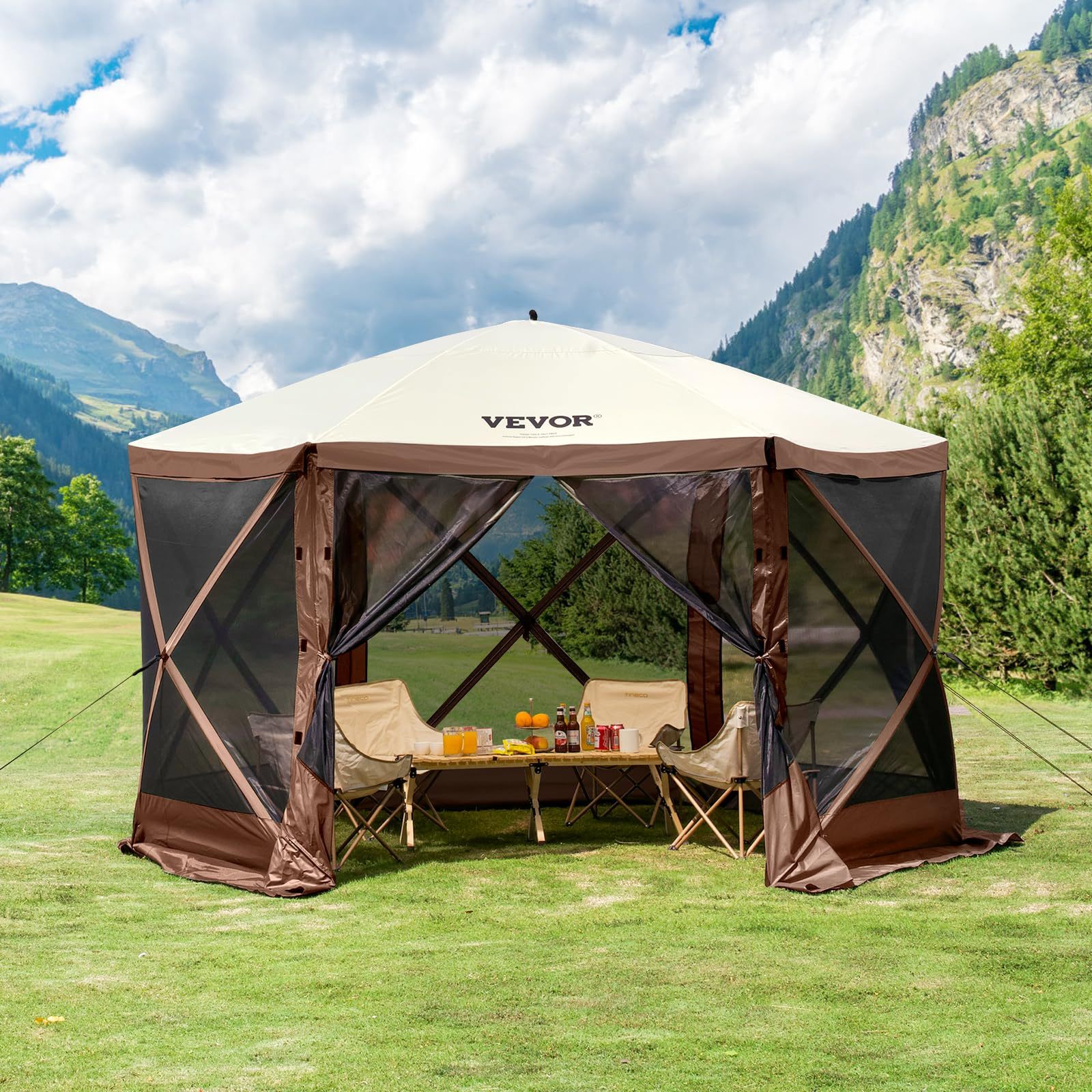VEVOR Carpa Plegable de 6 Lados 3,6 x 3,6 m, Pérgola de Jardín con Techo Desmontable y Bolsa de Transporte, Carpa de Exterior para 8 a 10 Personas, para Fiesta, Camping, Playa, Patio, Jardín, Marrón